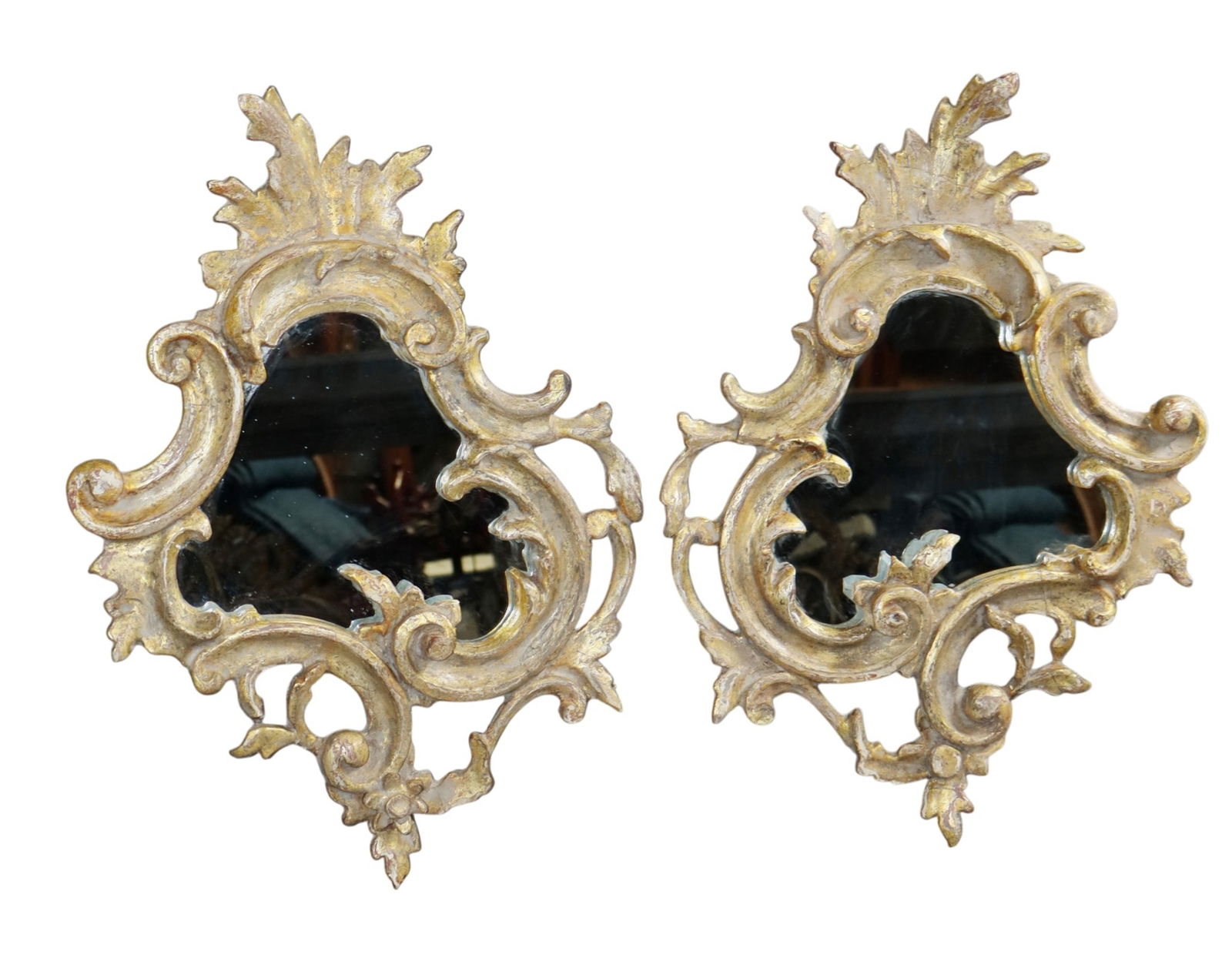 Pair of Italian Rococo pierce carved giltwood mirrors: Pair of Italian Rococo pierce carved giltwood mirrors. 18 1/4"h x 13"w. Weight: 2lbs total