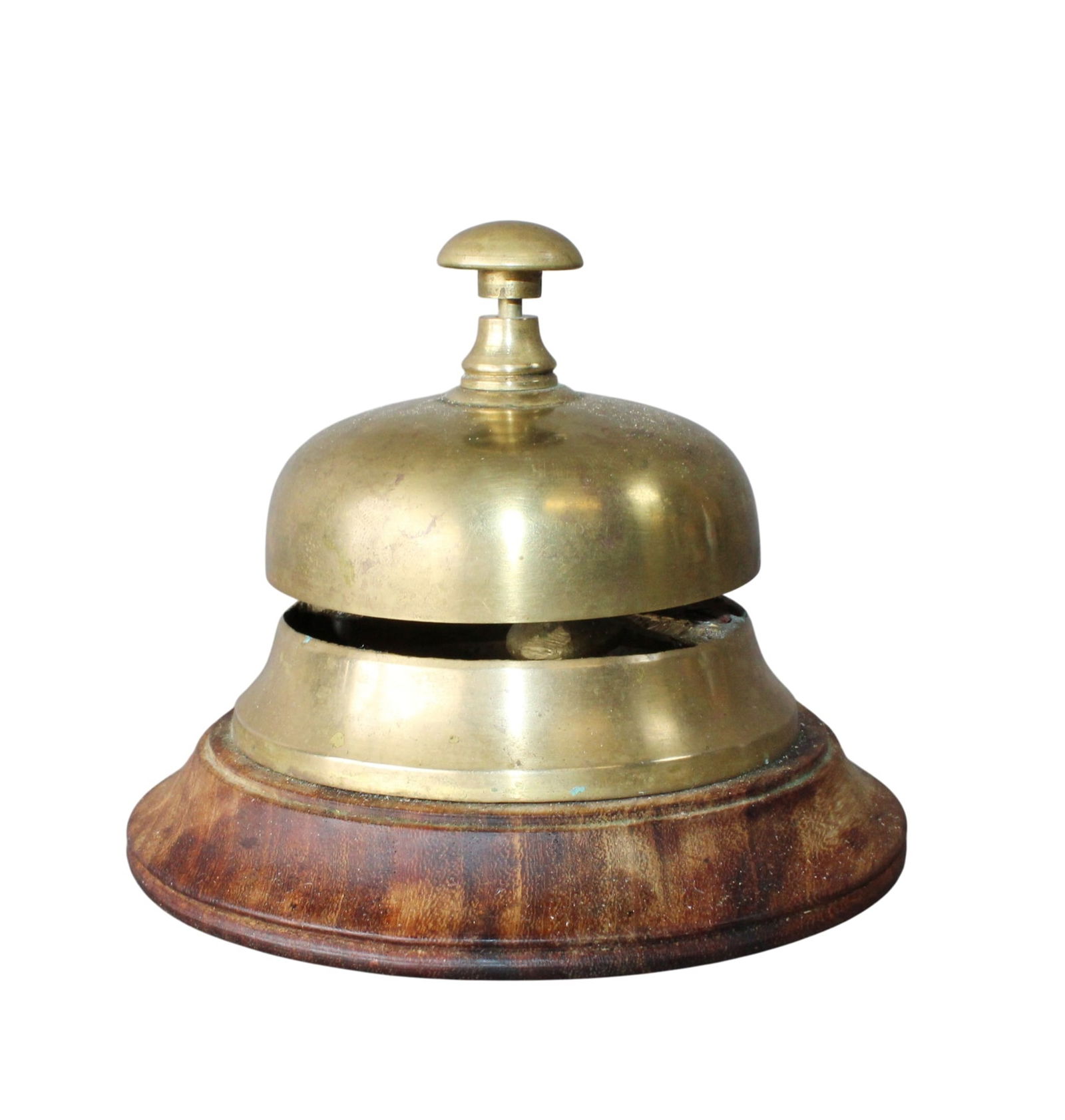 French brass hotel front desk bell on wooden base: French brass hotel front desk bell on wooden base. 4"h x 5"dia. Weight: less than 1lb