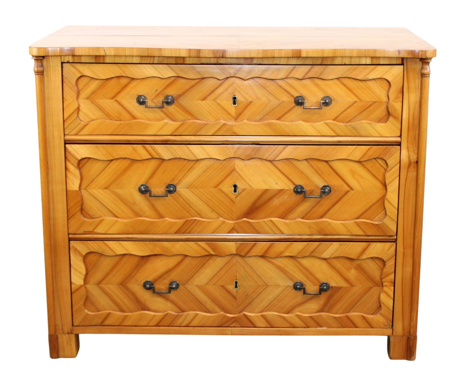 Scandinavian 3 drawer commode in parquetry book matched elm (1 of 10)