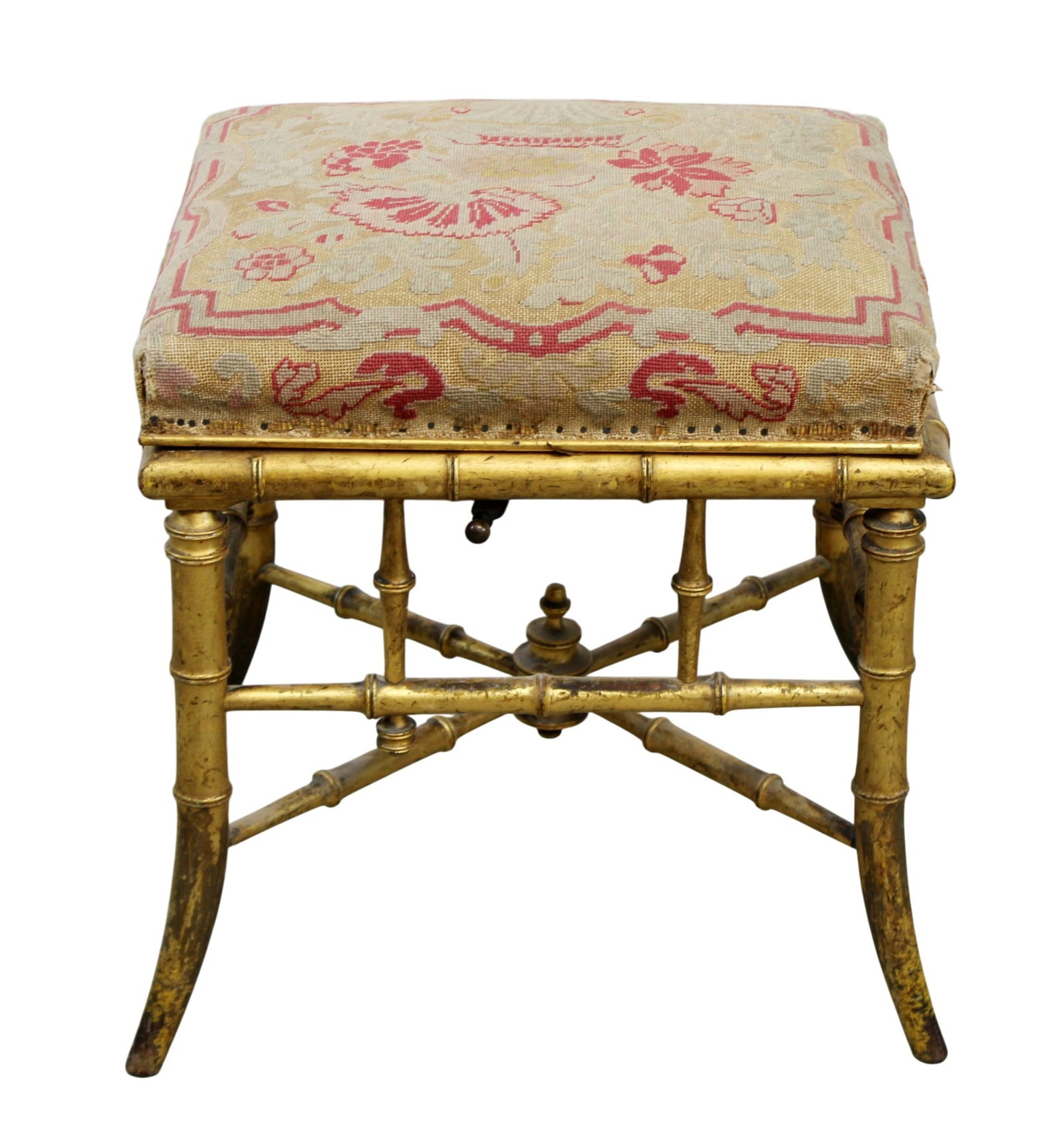French gilt wood faux bamboo stool: French gilt wood faux bamboo extending stool. Late 19th century. 19"h x 18"w x 17"d