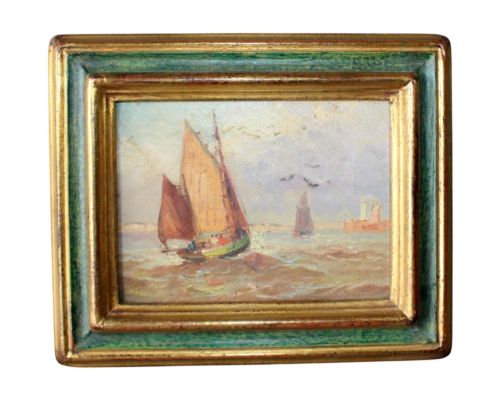 Miniature Continental oil on board painting of sailboats: Diminutive Continental oil on board painting of sailboats . In painted green and gilt frame. 9 1/2"h x 11 1/2"w Sight: 5 1/2"h x 7 1/2"w. Weight: less than 1lb