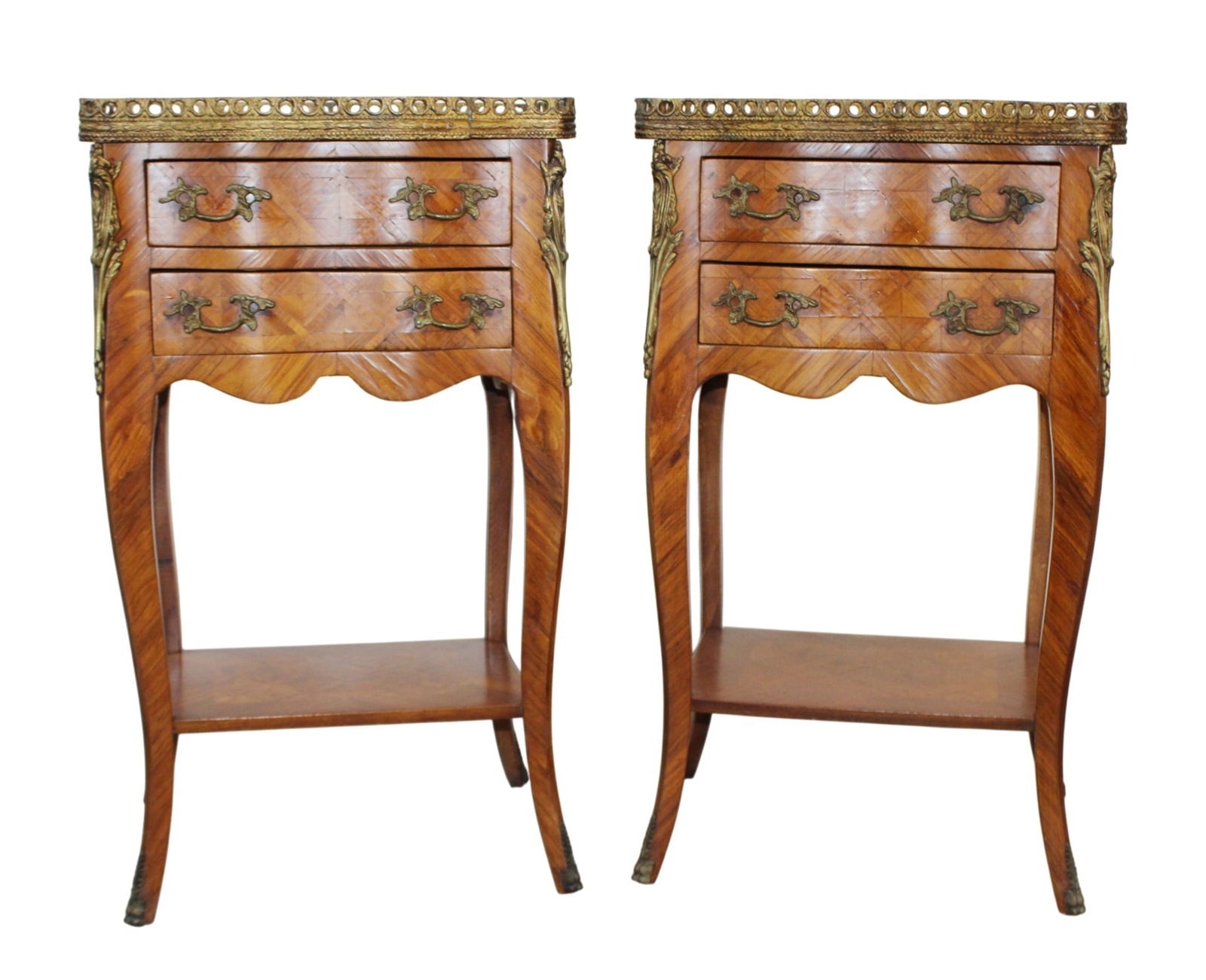 Pair of French marquetry 2 drawer side table chests with bronze gallery (1 of 9)