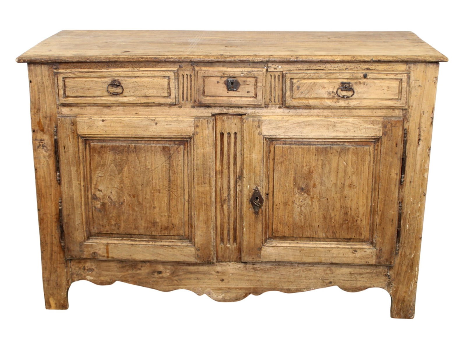 French double sided buffet store counter island: French double sided buffet store counter island in mixed woods with a bleached finish. Mid 19th century. 35 1/8"h x 52"w x 21 1/2"d