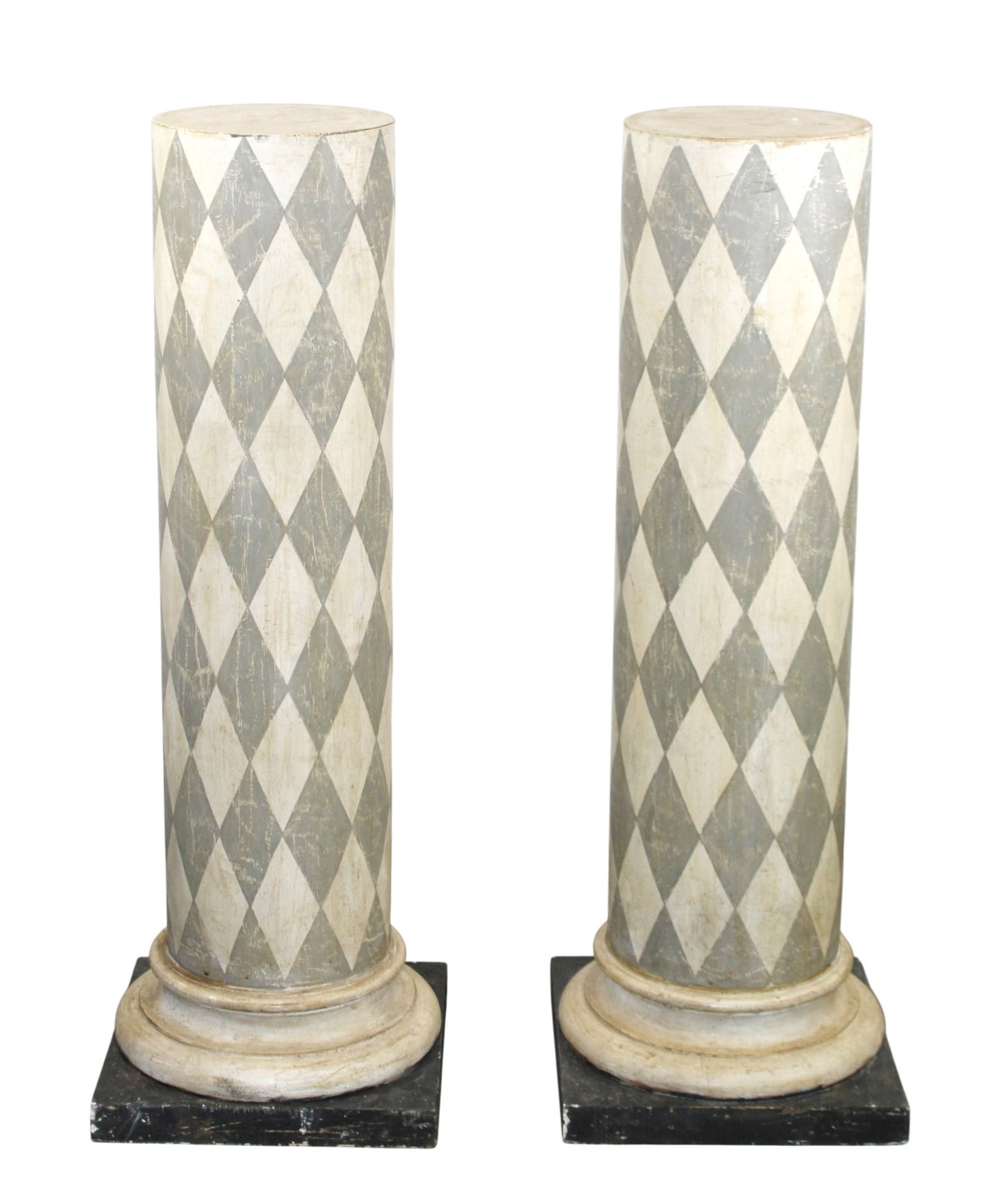 Pair of Italian harlequin painted cylinder pedestals: Pair of Italian harlequin painted cylinder pedestals. Early 20th century. 45 5/8"h x 15 5/8" sq at the base, 10 5/8" dia at the top