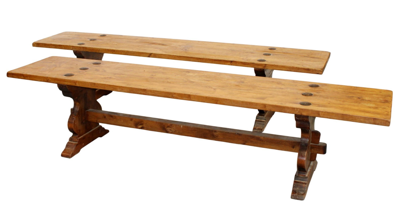 Pair of French backless benches in walnut with iron studs (1 of 8)