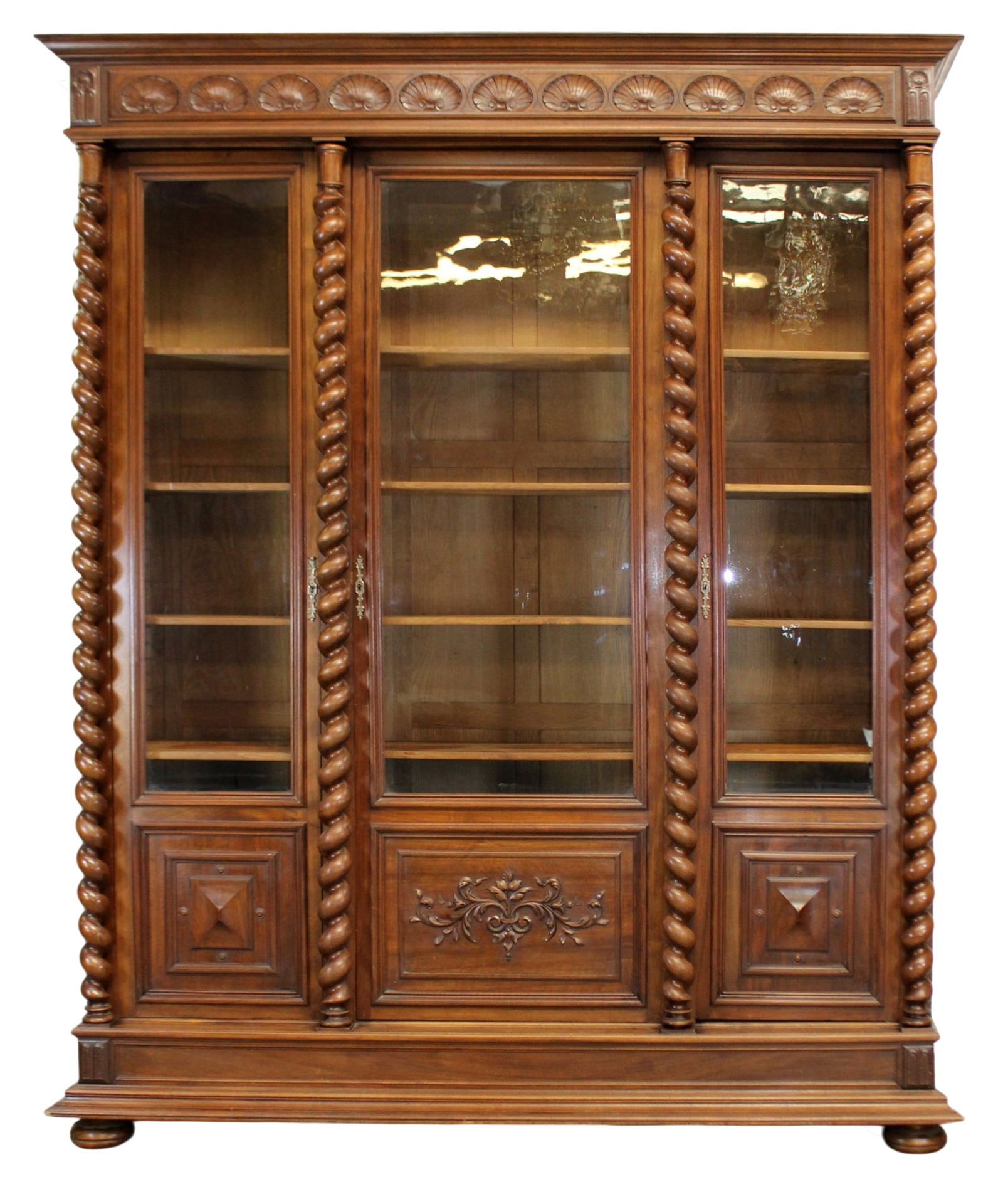 French 3 door bookcase in walnut with barley twist columns (1 of 10)