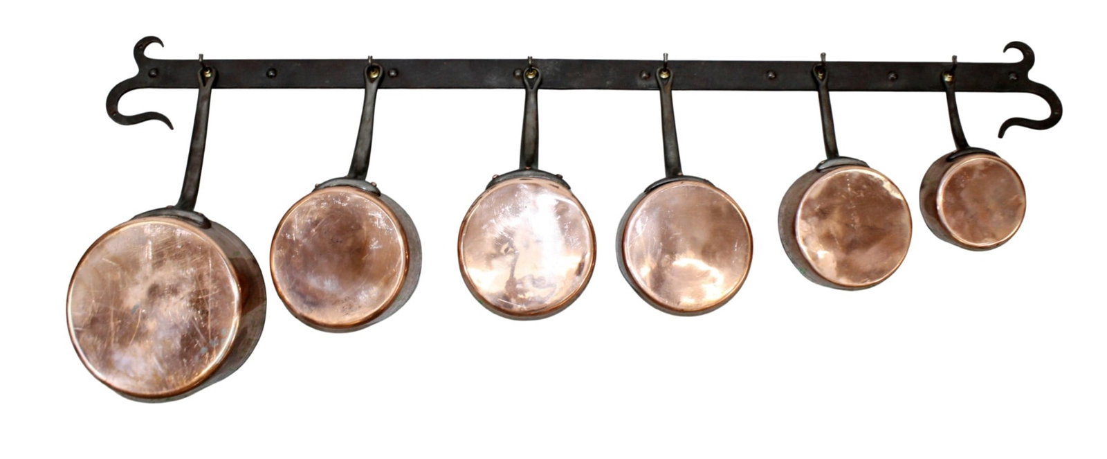 Set of 6 French copper pots on forged iron wall mount hanging rack (1 of 9)