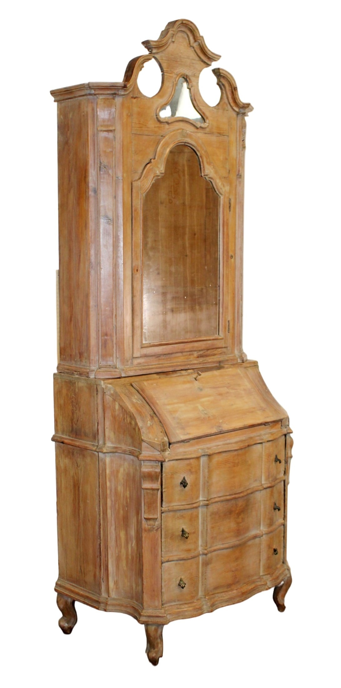 Italian Baroque secretary in washed pine with mirrored door: Italian Baroque secretary in washed pine with mirrored door. 19th century. 91 1/4"h x 34 1/4"w x 21 1/2"d
