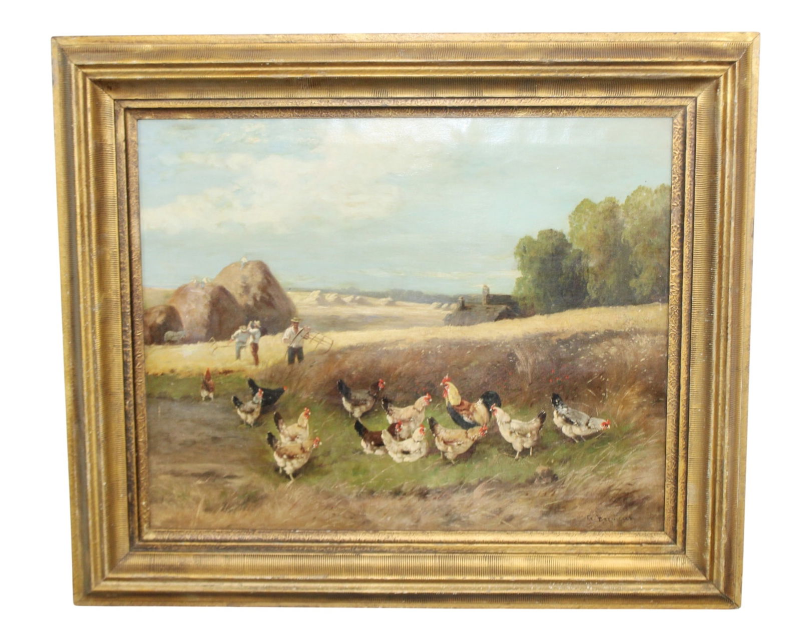 French oil on canvas painting pastoral landscape with chickens: French oil on canvas painting pastoral landscape with chickens. Signed l/r G. Hervieux. Late 19th century. 21 1/8"h x 26 1/4"w Framed 29 1/2"h x 34 1/2"w