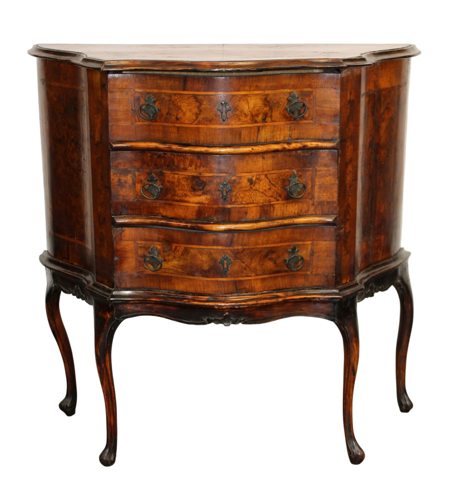 Italian 3 drawer chest on legs with burl walnut veneer: Italian 3 drawer chest on legs with burl walnut veneer. 19th century. 40 1/4"h x 39 1/2"w x 16 5/8"d