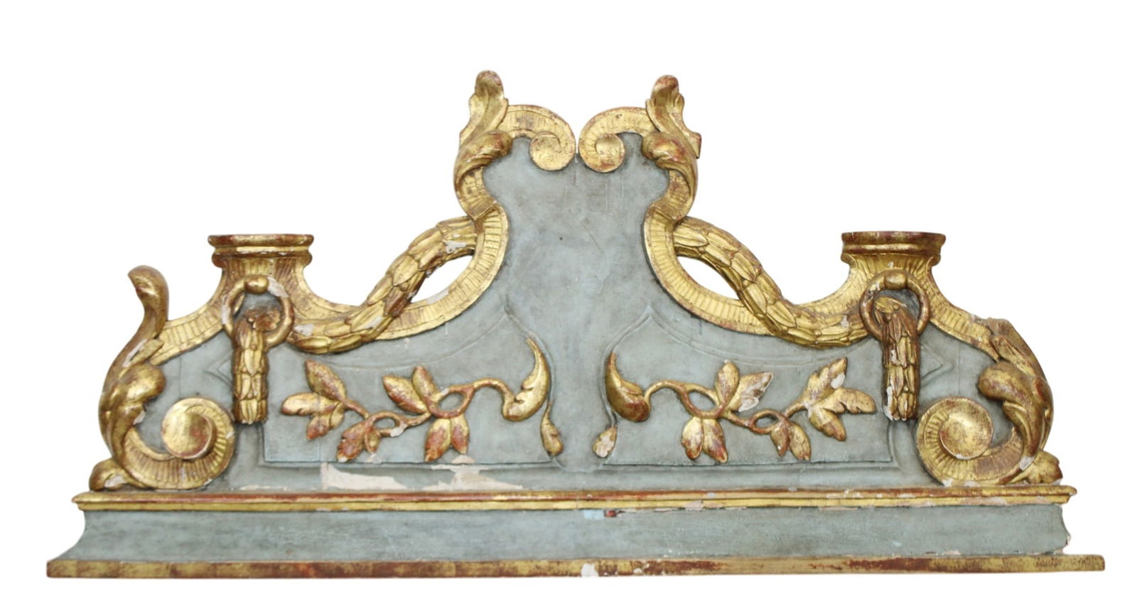 French carved, painted and parcel gilt crest: French carved, painted and parcel gilt crest. Late 18th century. 30"h x 60"w