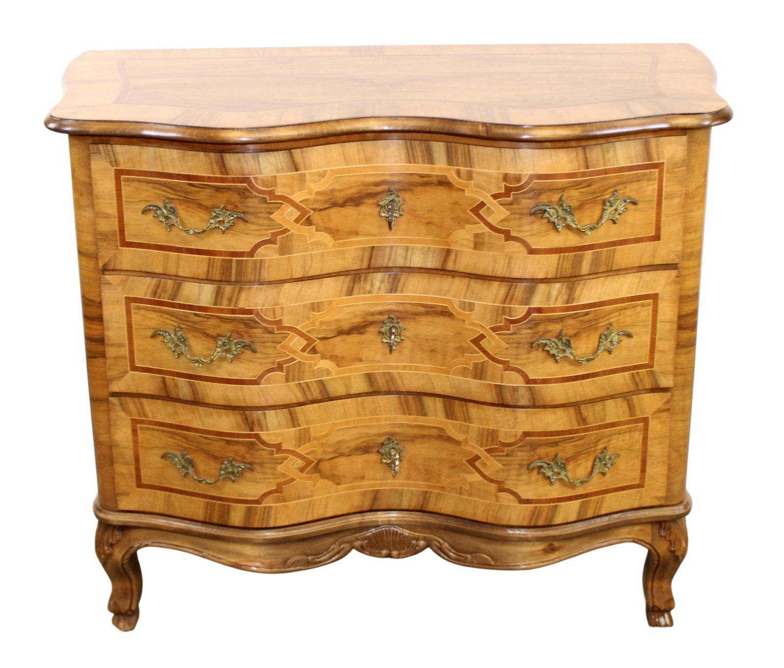 Italian burled walnut bombe 3 drawer commode (1 of 9)