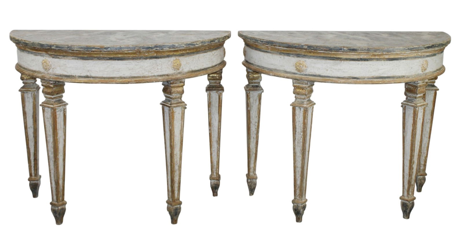 Pair of Italian painted pine demi lune console tables: Pair of Italian painted pine demi lune console tables. Late 19th century. 35 1/2"h x 44"w x 22"d