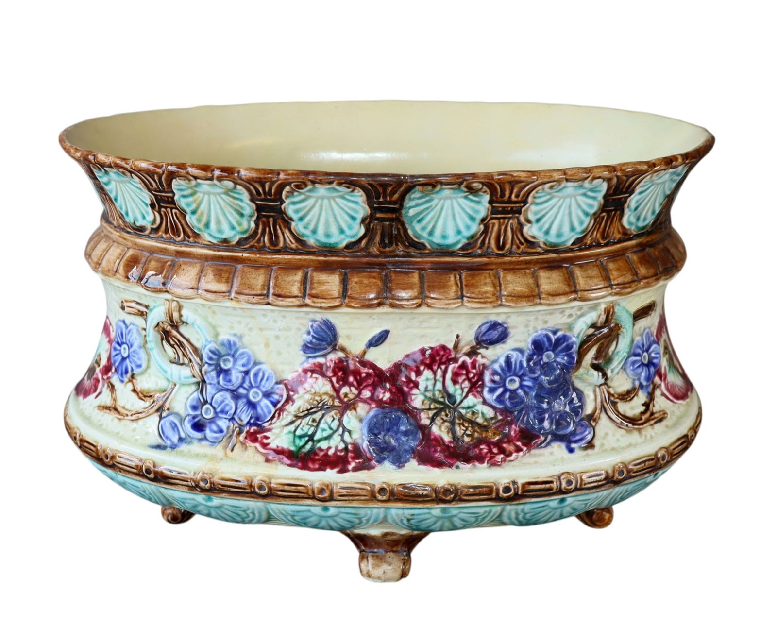 French Onnaing Majolica Barbotine cache pot: French Onnaing Majolica Barbotine cache pot. Late 19th century. 10"h x 15 1/2"w x 10 1/4"d. Weight: 7lbs