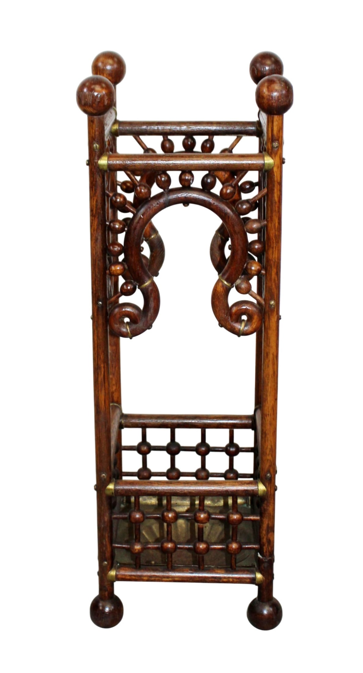 English stick and ball oak umbrella or cane stand: English stick and ball oak umbrella or cane stand. Late 19th/early 20th century. 27 1/4"h x 9 1/8" square