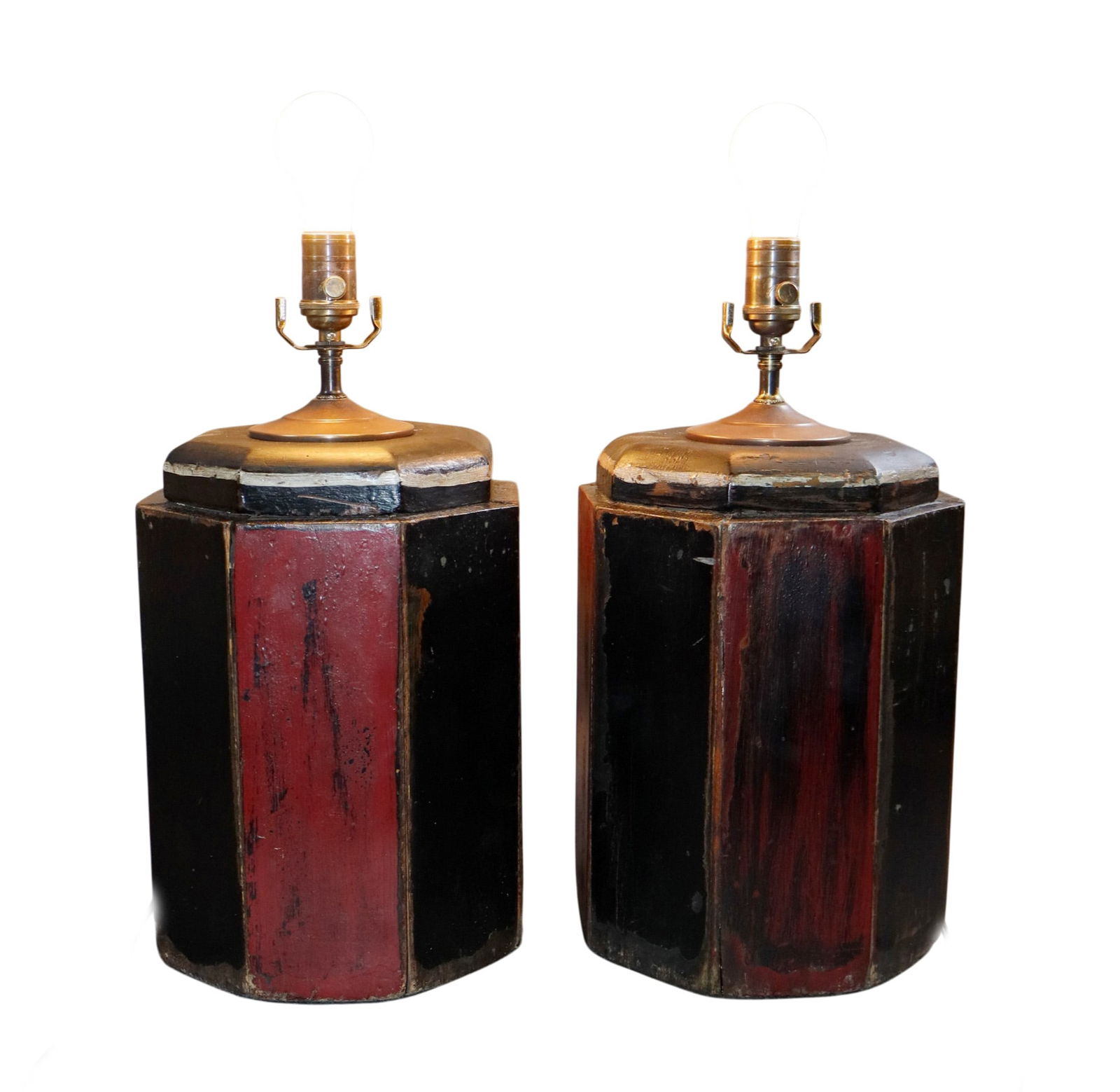 Pair of red and black painted canister lamps: Pair of red and black painted canister lamps. 18 1/2"h x 9 1/4" dia. Weight: 12lbs total