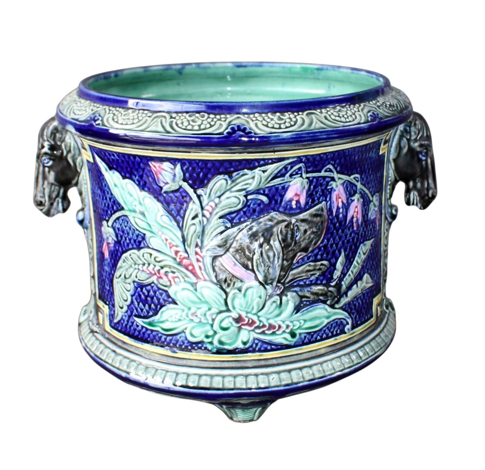 French Majolica Barbotine cache pot with horse head handles: French Majolica Barbotine cache pot with horse head handles. Early 20th century. 8 3/4"h x 10"dia. Weight: 4lbs