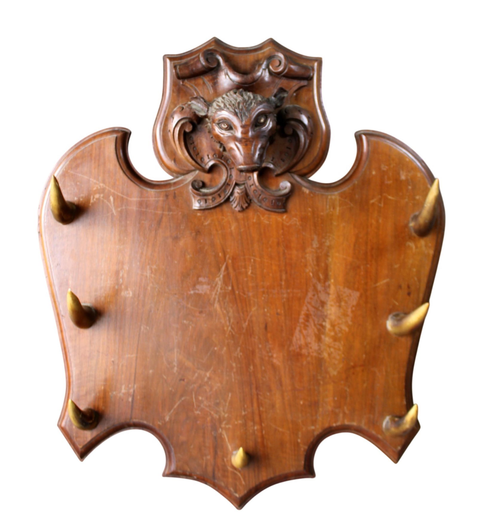 Black Forest gun rack with carved boar head: Black Forest gun rack with carved boar head. Late 19th century. 26 1/2"h x 23"w x 6 1/2"d. Weight: 10lbs