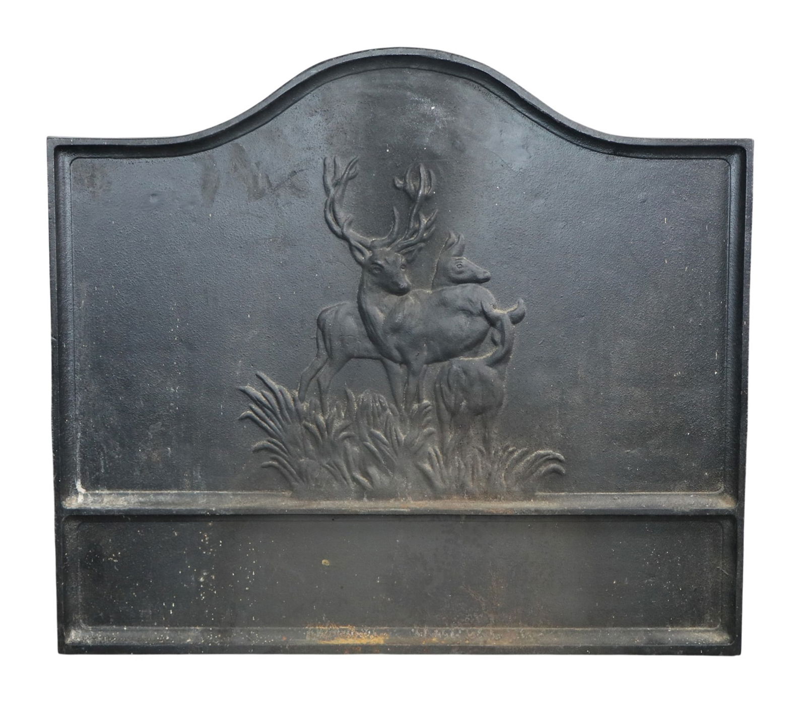 Cast iron fire back panel with deer in relief: Cast iron fire back panel with deer in relief. 22 1/4"h x 23 3/4"w. Weight: 50lbs
