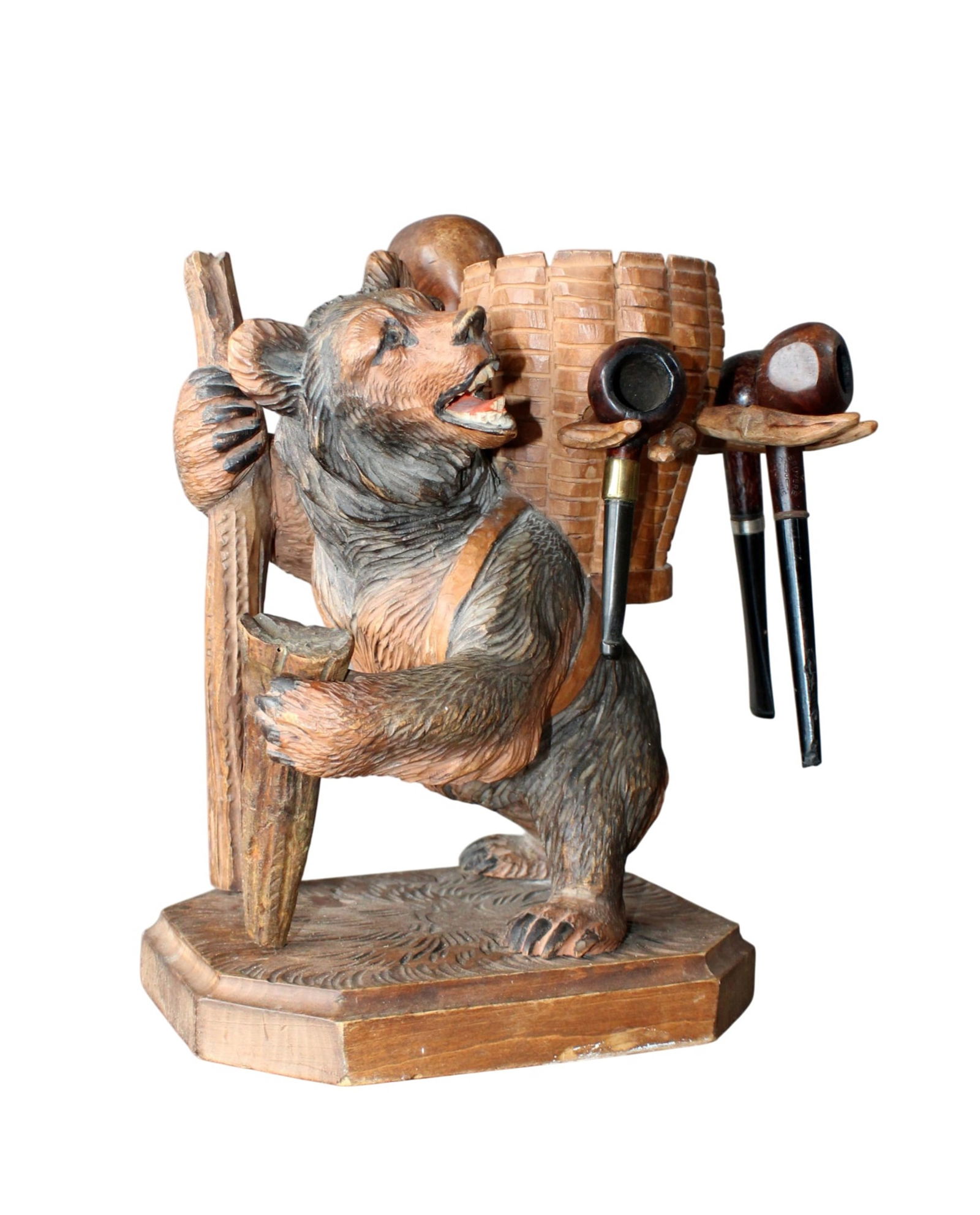 Black Forest carved walnut bear cigar and pipe holder: Black Forest carved walnut bear cigar and pipe holder. Late 19th century. 10"h x 10"w x 8"d. Weight: 2lbs