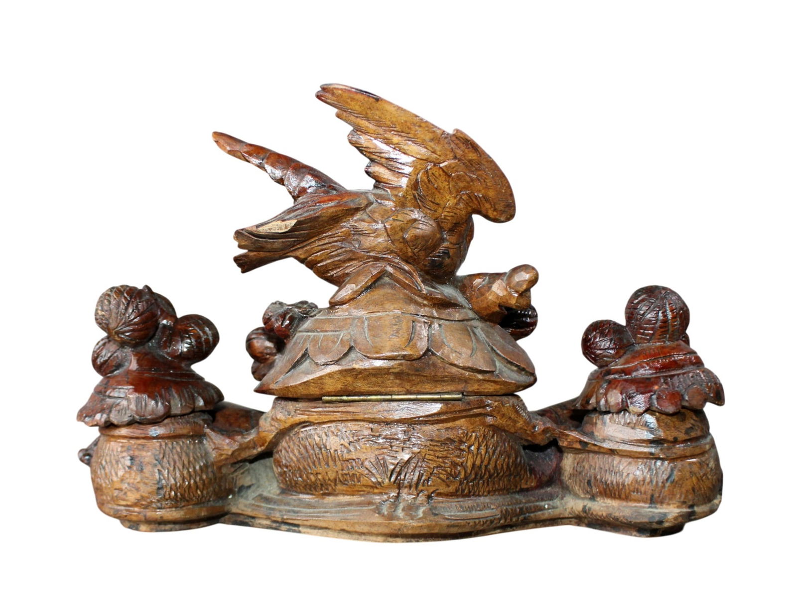 Black Forest carved walnut desktop inkwell with bird: Black Forest carved walnut desktop inkwell with bird . Late 19th century. 6 1/2"h x 10 1/2"w x 6 1/2"d. Weight: 1lb