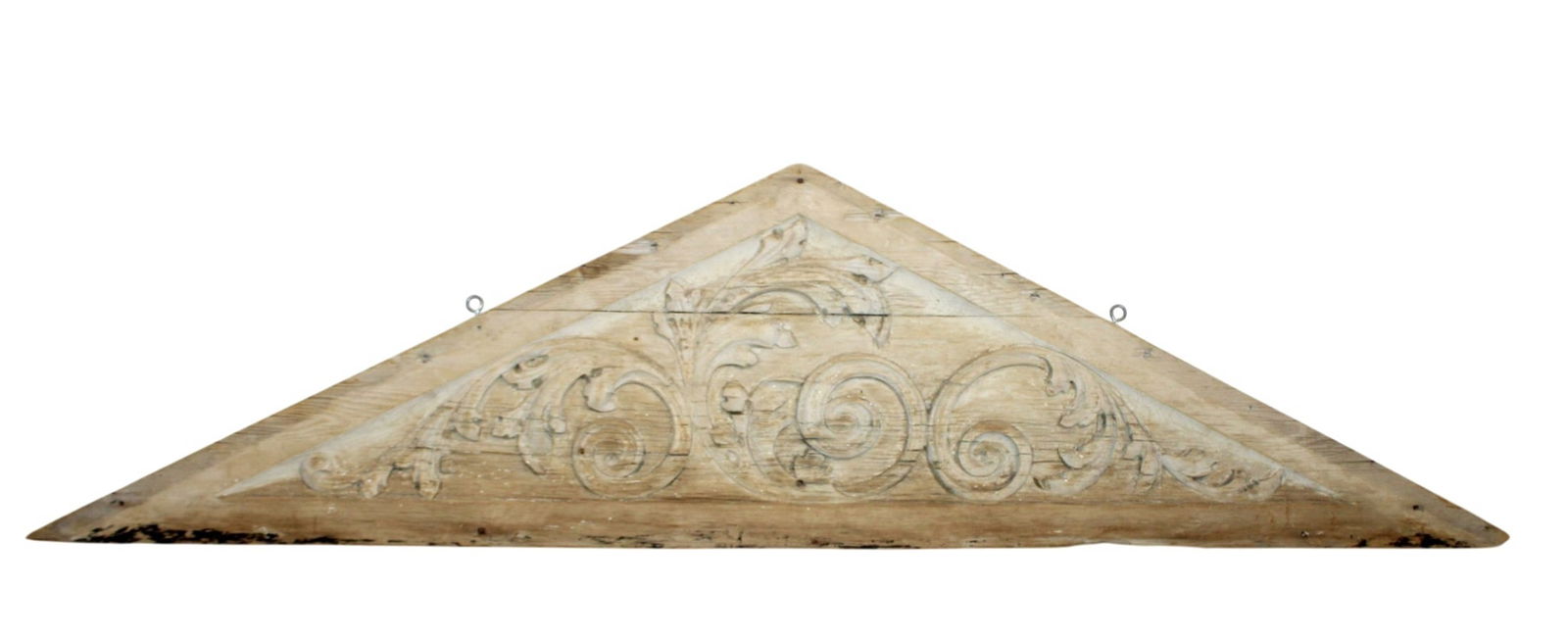 American gabled peak architectural fragment in pine with relief carvings: American gabled peak architectural fragment in pine with relief carvings. 19th century. 23"h x 86"w