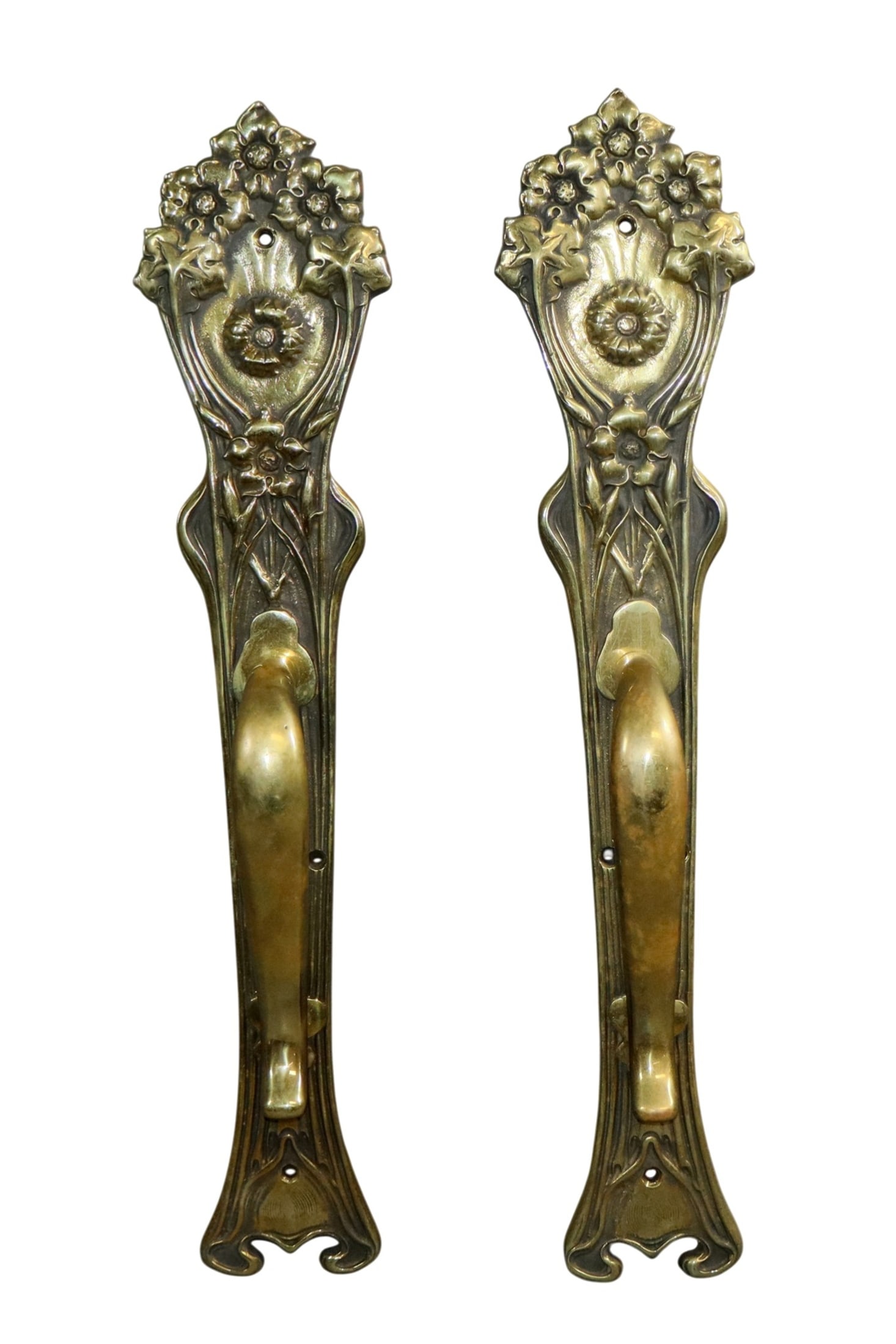 Pair of French bronze Art Nouveau door handles: Pait of French bronze Art Nouveau door handles. 20 5/8"h x 4 1/4"w x 3 1/4"d. Weight: 10lbs total
