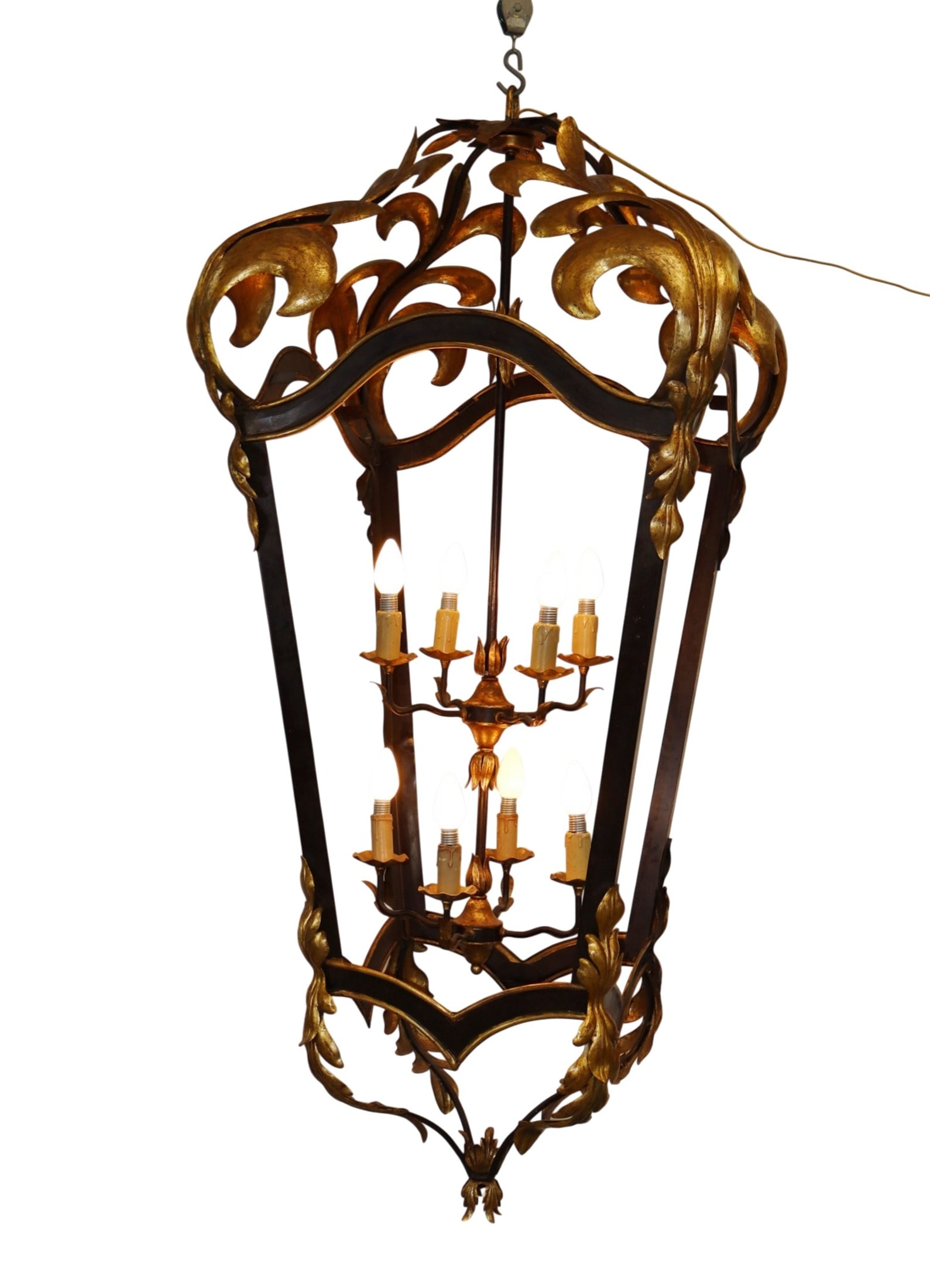 Oversize iron lantern with acanthus scrolls and 8 lights: Oversize iron lantern with acanthus scrolls and 8 lights. Modern. 72"h x 31"w