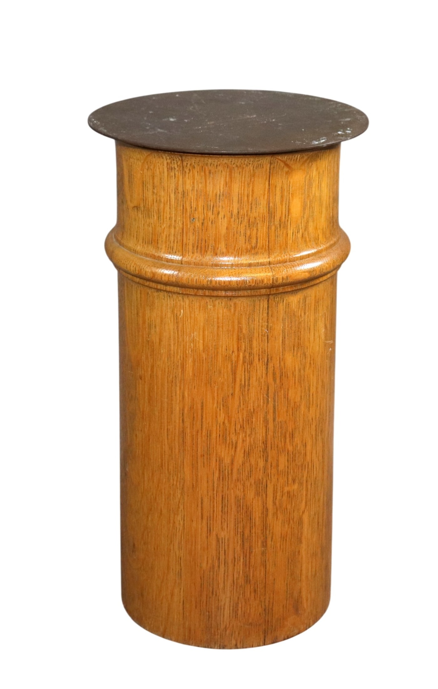 Antique oak column fragment with brass top plate: Antique oak column fragment with brass top plate. 12 1/2"h x 6 3/8"dia. Weight: 5lbs