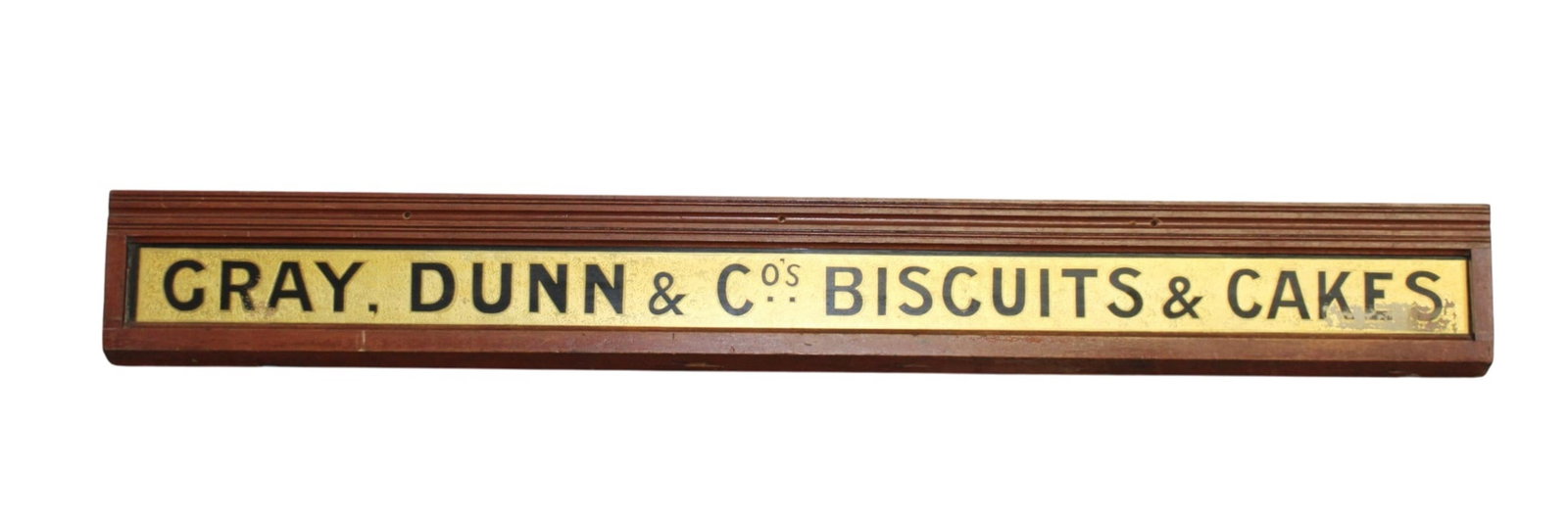 English reverse painted Gray, Dunn & Co Biscuits & Cakes sign: English reverse painted glass Gray, Dunn & Co Biscuits & Cakes sign in walnut frame. Circa 1900. 60"l x 7"h