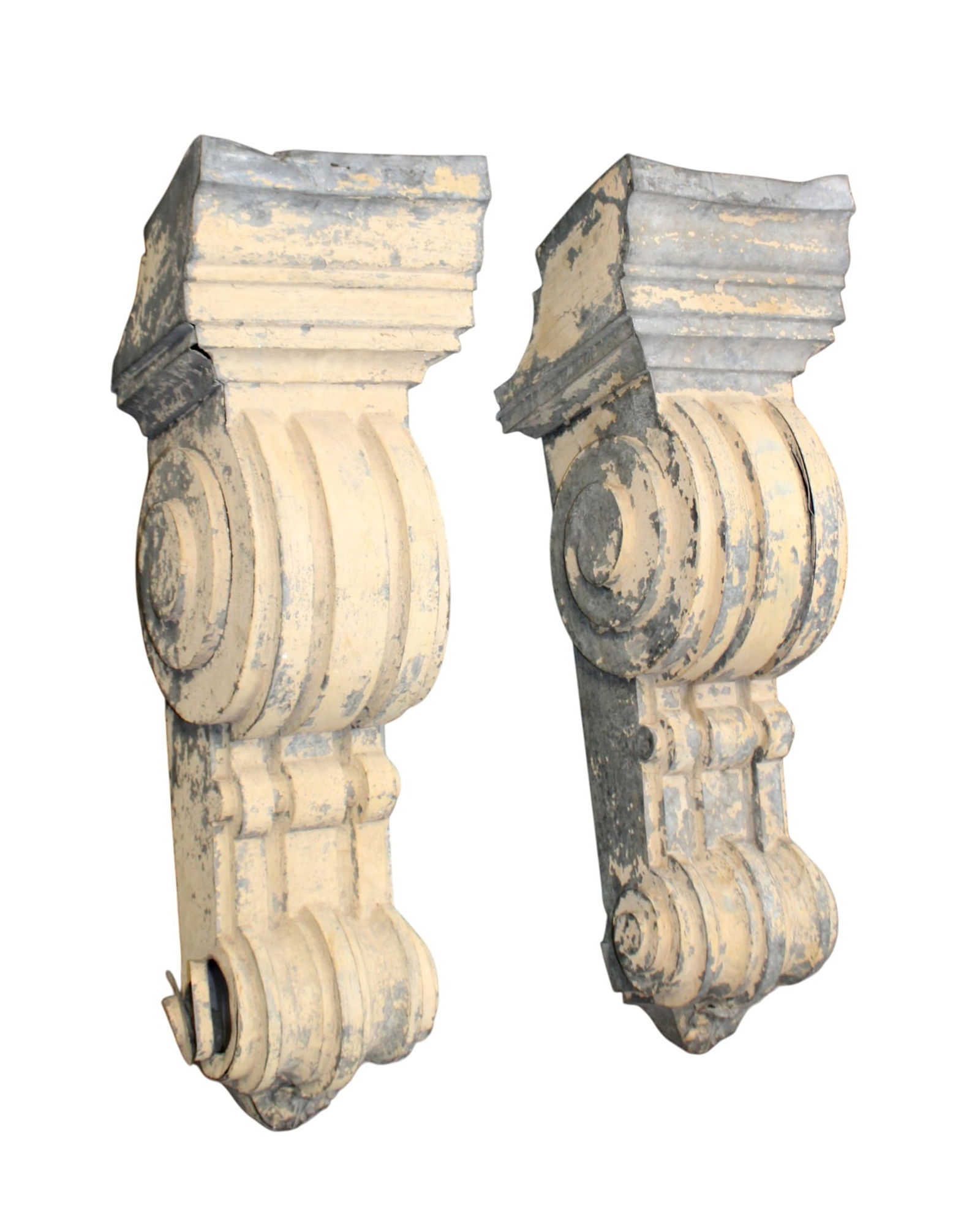 Pair of oversize American zinc architectural corbels: Pair of oversize American zinc architectural corbels. Early 20th century. 41"h x 14"w x 16 1/2"d