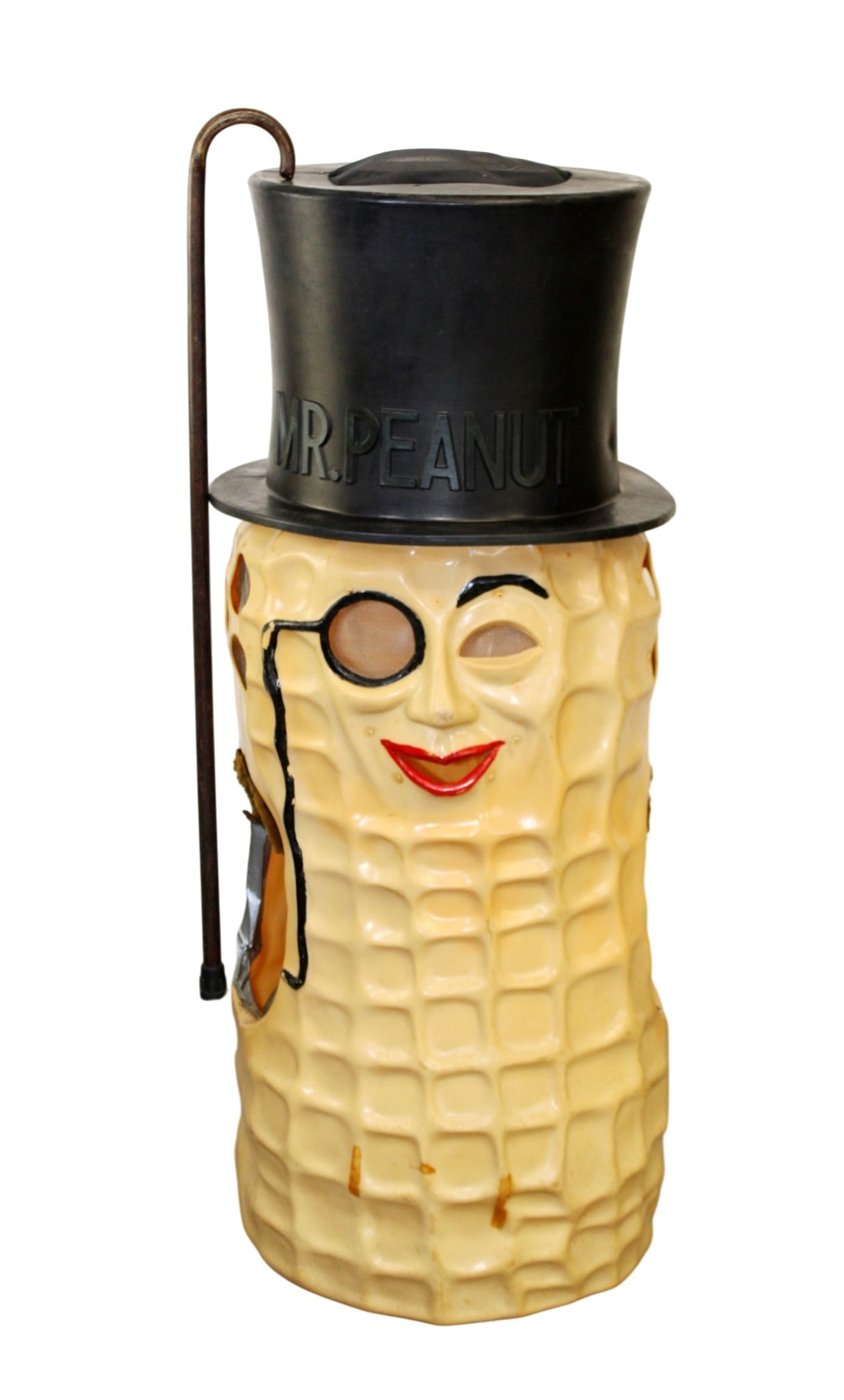 Vintage Mr. Peanut costume: Vintage Mr. Peanut costume. Body: 35 1/8"h x 17 1/2"w x 18 1/4"d. Hat: 13 3/8"h x 19 3/8"diam.