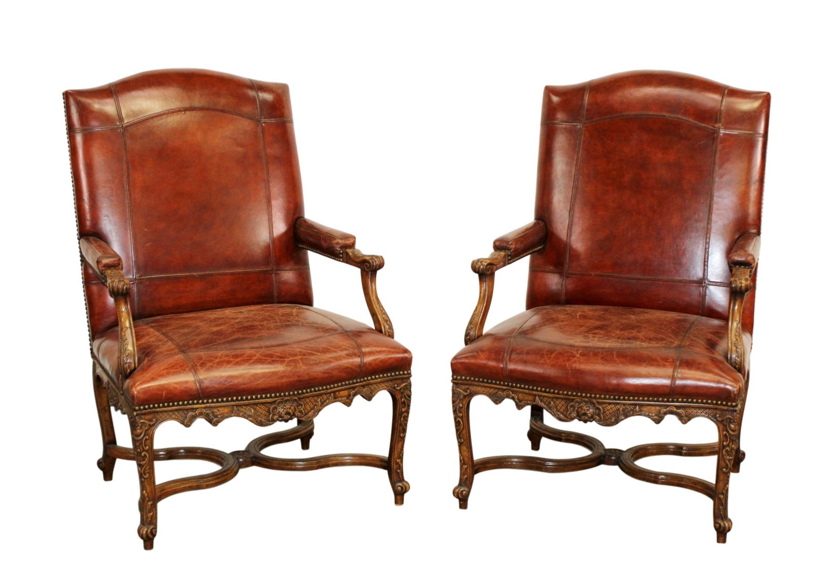 Pair of Regency style carved walnut and leather arm chairs (1 of 10)