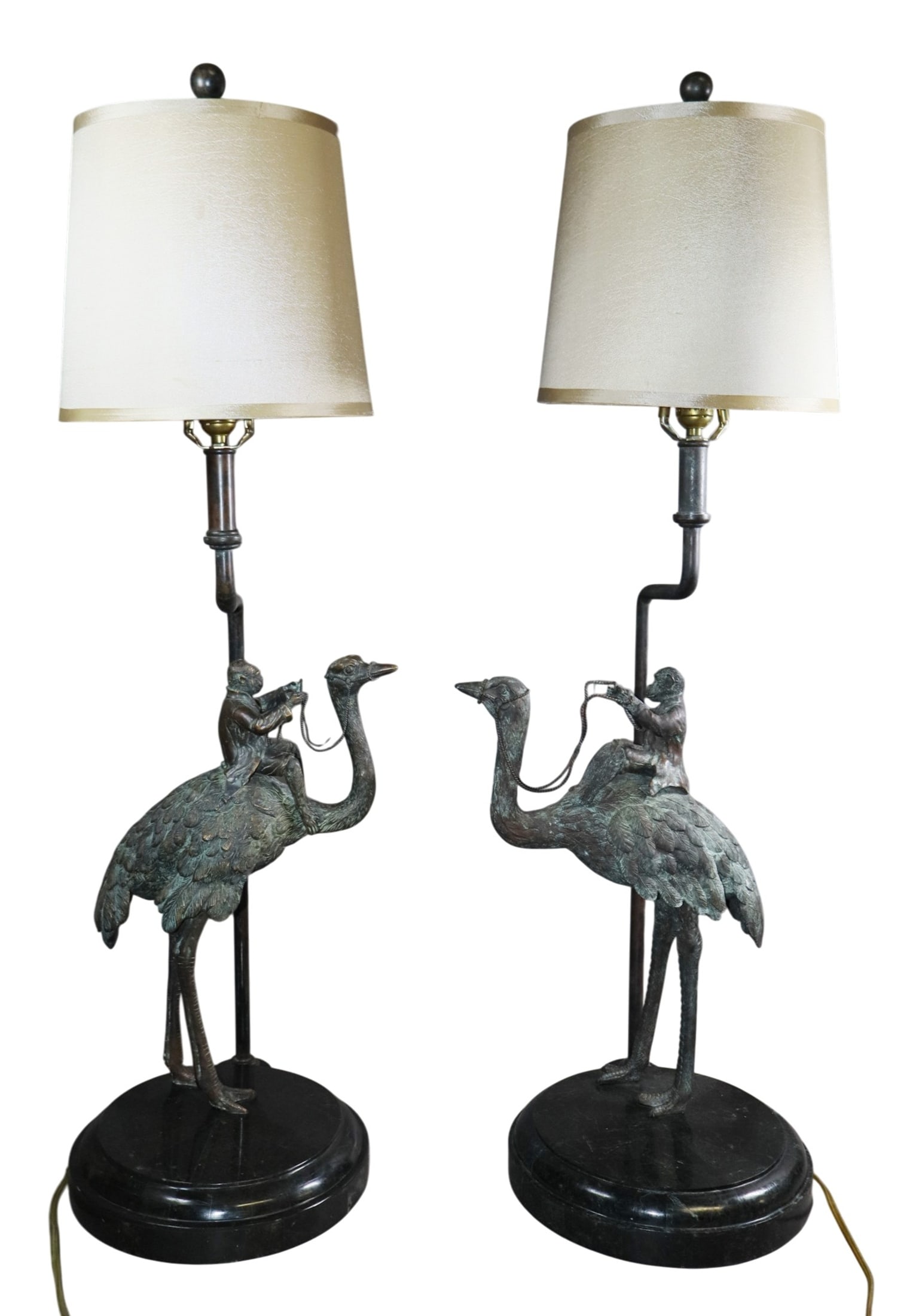 Pair of Maitland Smith monkey riding ostrich table lamps: Pair of Maitland Smith monkey riding ostrich table lamps. 30"h (without lampshade) 38"h x 13 3/4"w x 12 3/4"d . Weight: 42lbs total