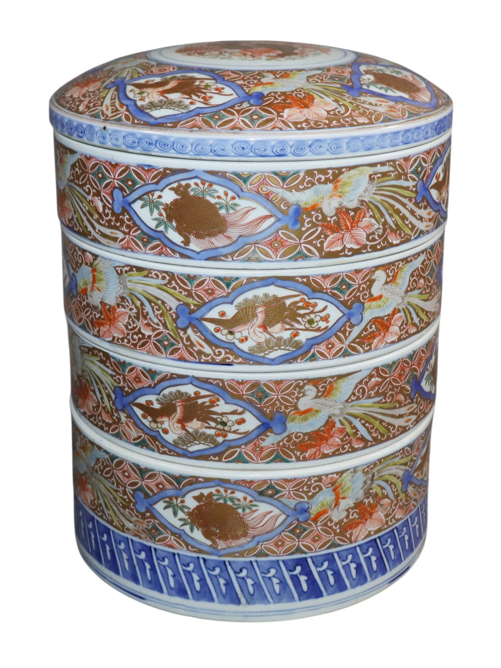 Japanese Imari porcelain 4 section Jubako bento box: Japanese Imari porcelain 4 section Jubako bento box. 11 3/4"h x 8 1/2"dia. Weight: 14lbs