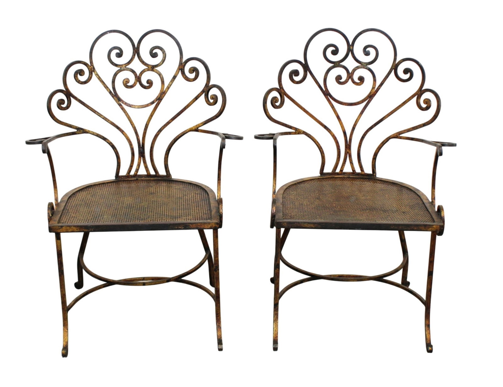 Pair of Italian gilt iron garden armchairs: Pair of Italian gilt iron garden armchairs. 35"h x 24"w x 19"d Seat 16 1/4"h
