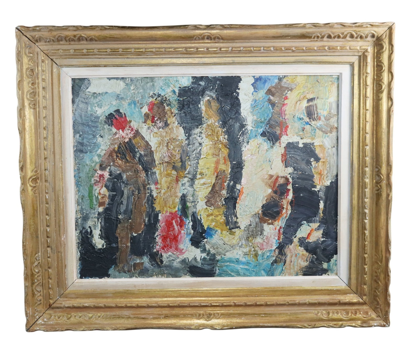 French oil on board abstract painting of people walking: French oil on board abstract painting of people walking. Apparently unsigned. 28"h x 34 1/4"w Sight: 19 1/4"h x 25 1/8"w. Weight: 10lbs
