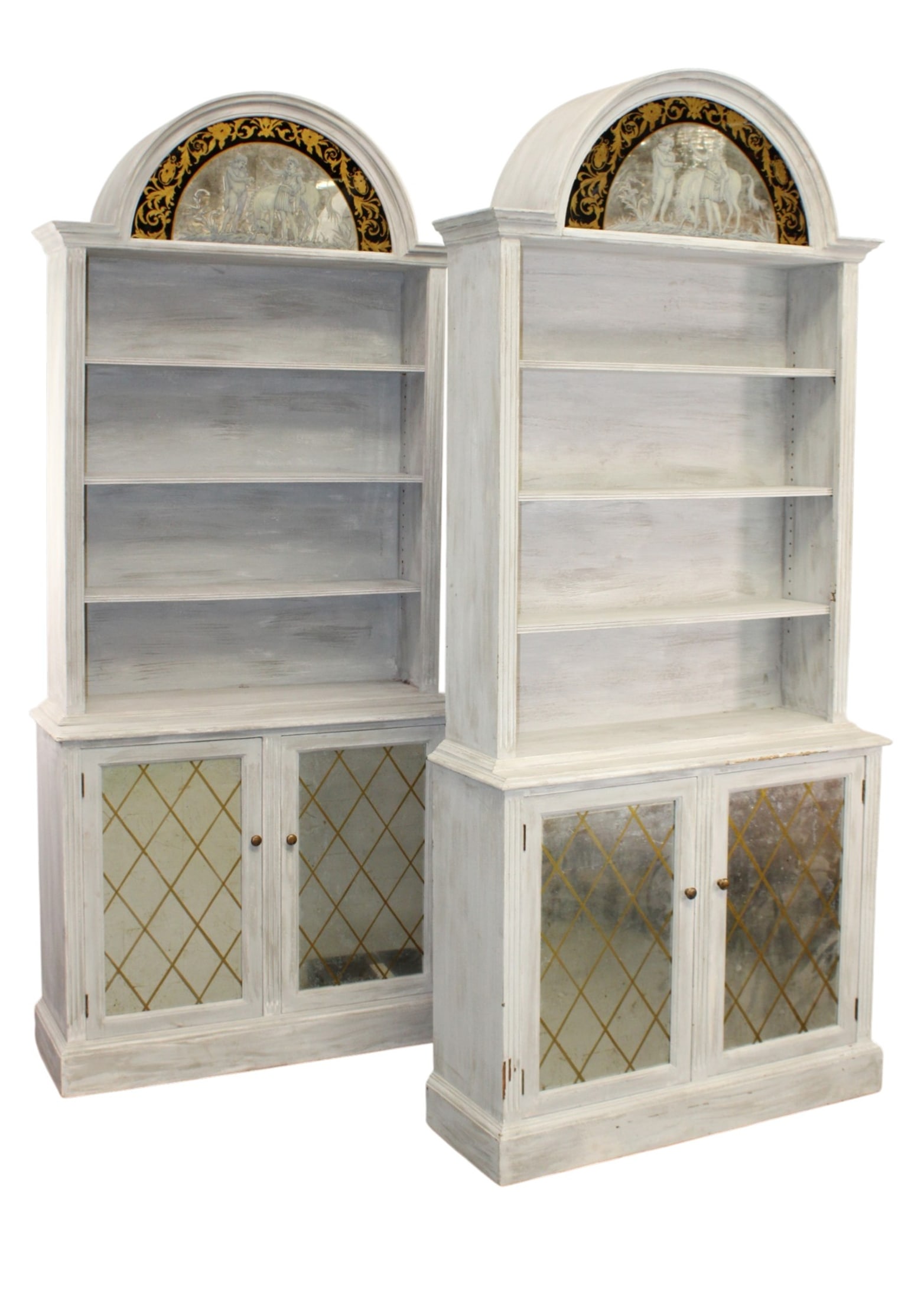 Pair of mid century Dorothy Draper style arched cabinets with Eglomise glass: Pair of mid century Dorothy Draper style arched cabinets with Eglomise glass. 86"h x 38 1/2"w x 12 1/2"d
