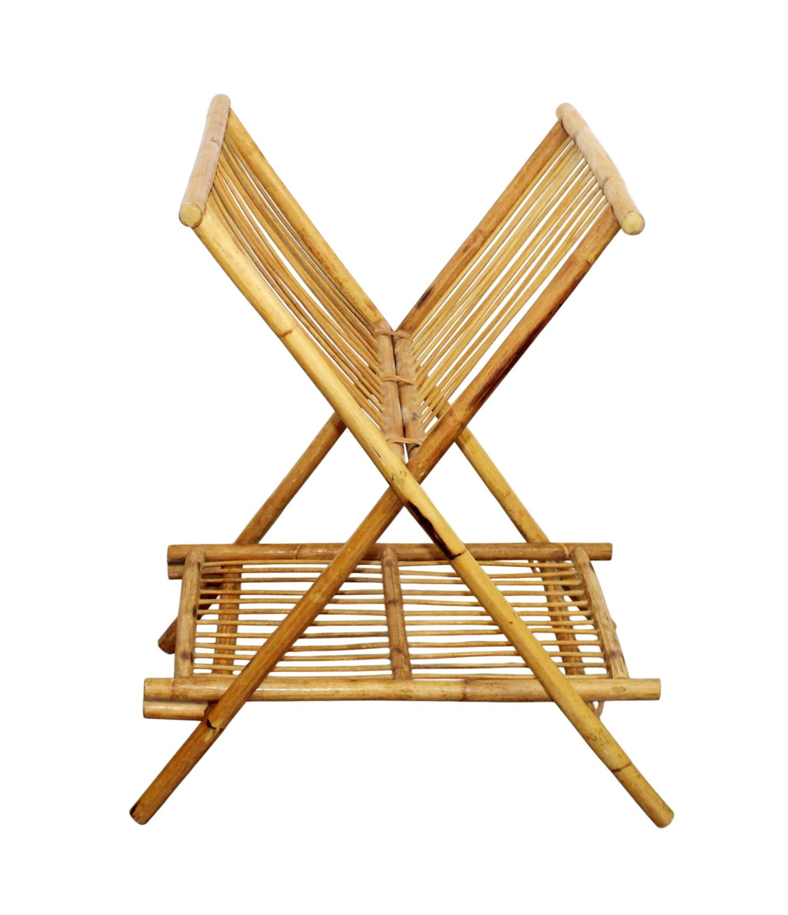 Mid century folding bamboo magazine rack: Mid century folding bamboo magazine rack. Circa 1950's-60's. 25 1/2 x 21 1/4"w x 17 3/4"d