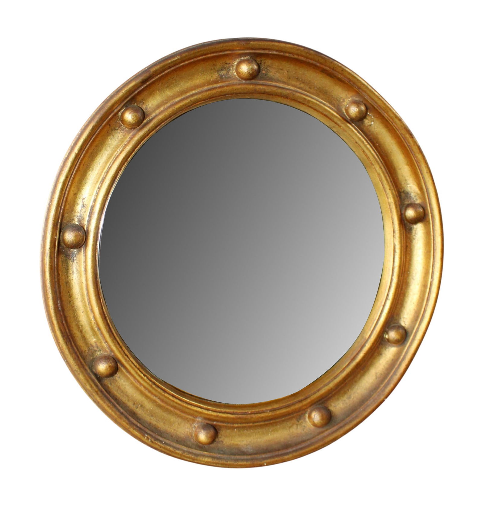 French giltwood butlers mirror with convex glass: French giltwood butlers mirror with convex glass. Mid 20th century. 15 1/8" dia. Weight: 4lbs