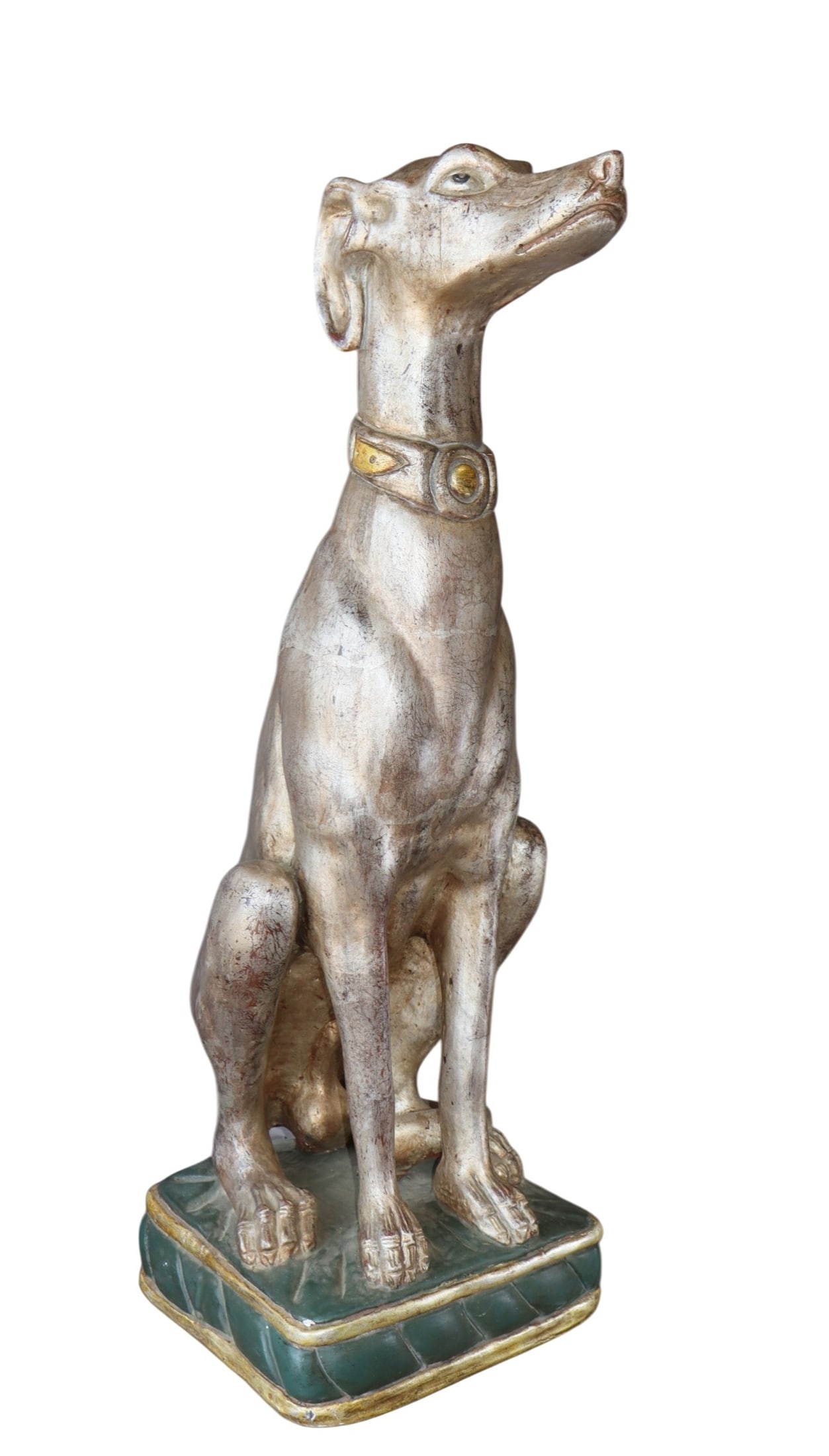 Italian carved wooden and silvered greyhound dog sculpture: Italian carved wooden and silvered greyhound dog sculpture. From Venice. 33 1/4"h x 10 3/4"w x 10"d. Weight: 21lbs