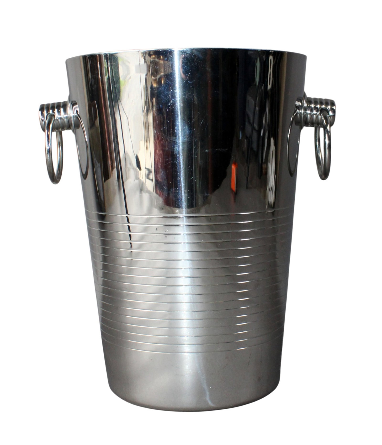 French stainless steel champagne bucket: French Art Deco style stainless steel champagne bucket with ring handles. Stamped on bottom Made in France Inox 18/10 with a branded mark. Late 20th century. 9 3/4"h x 9"w x 7"d. Weight: 2lbs