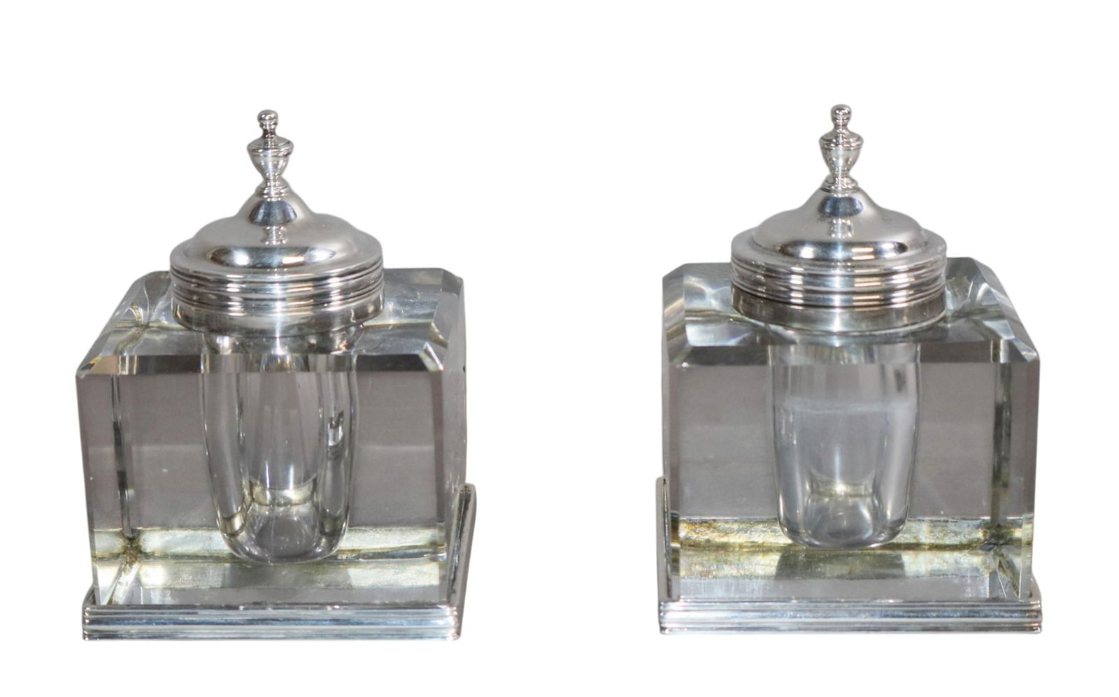 Pair of Art Deco crystal and silverplate cube inkwells: Pair of Art Deco crystal and silverplate cube inkwells. 4 1/4"h x 3 1/8"w x 3 1/8"d Weight: 3.5lbs