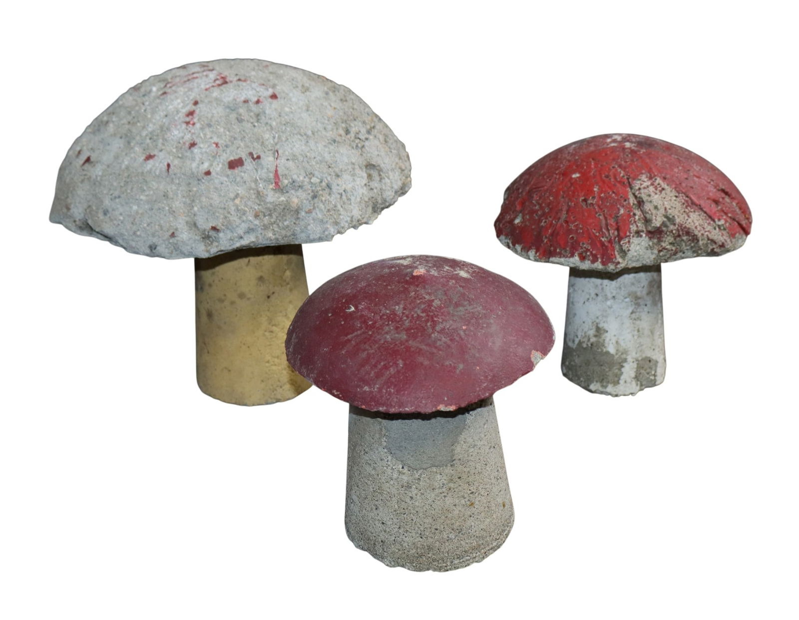 Set of 3 French cast stone garden mushrooms: Set of 3 French cast stone garden mushrooms. 10"h x 10 3/8"dia - 7 1/2"h x 6 1/2"dia. Weight: 31lbs total
