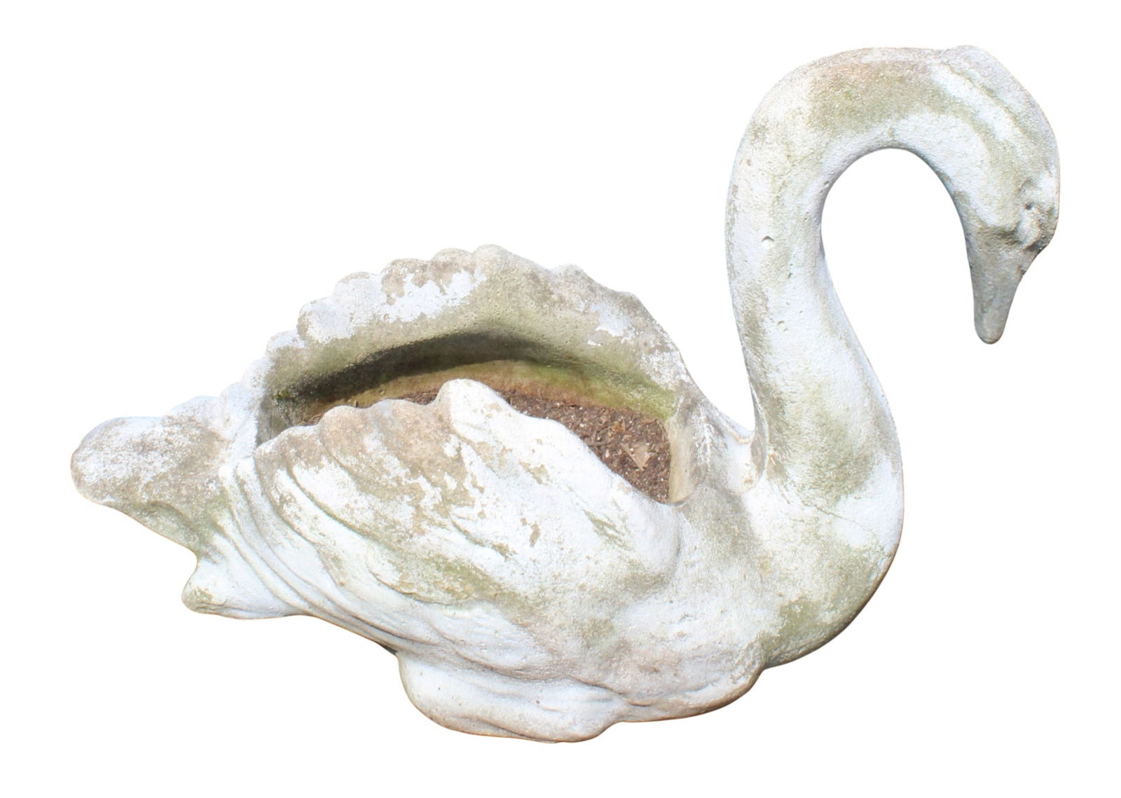 Cast garden swan form planter: Cast garden swan form planter. 17"h x 22"w x 11"d