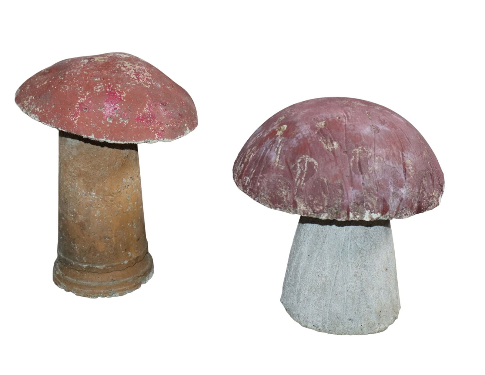 Set of 2 cast garden mushrooms: Set of 2 cast garden mushrooms. 9 1/2"h x 7 1/2"dia, 8 1/2"h x 8"dia. Weight: 22lbs total