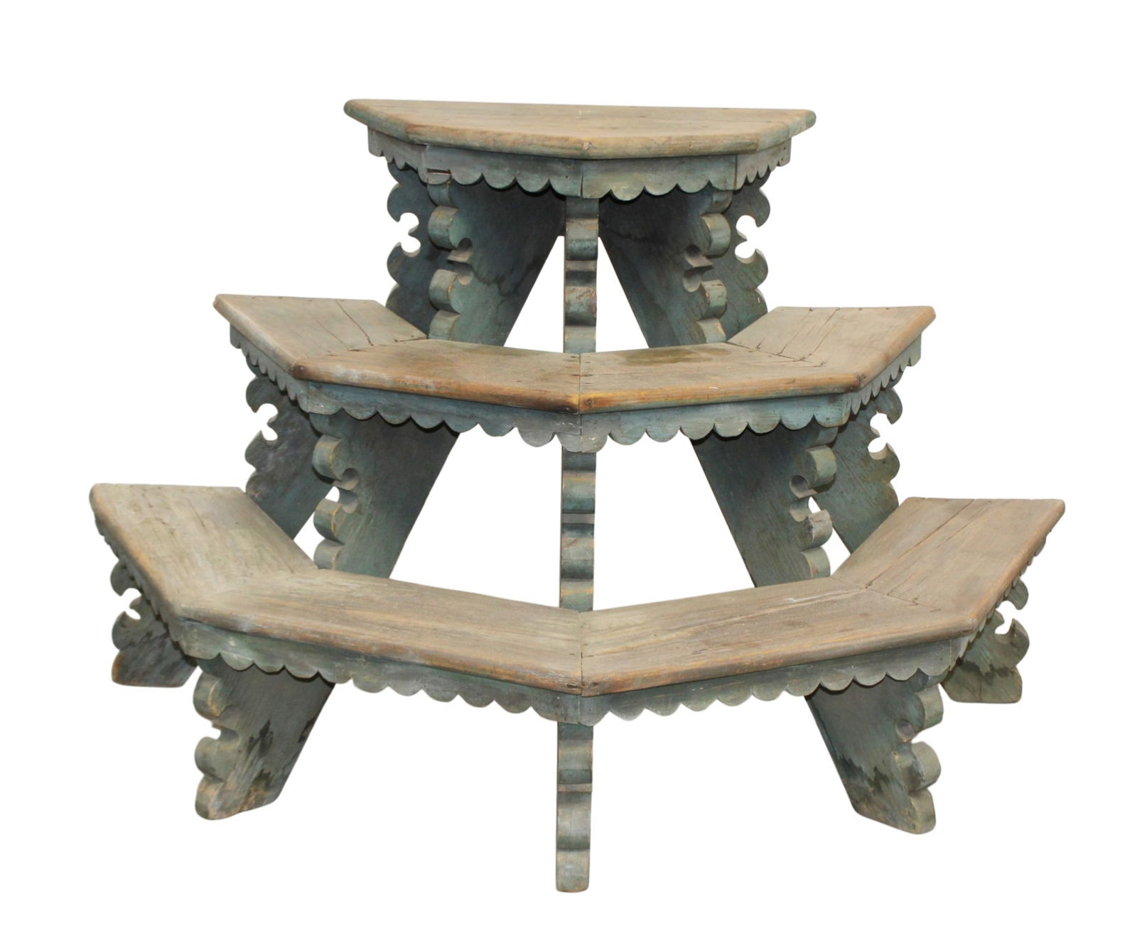 French painted wood 3 tier plant stand: French painted wood 3 tier plant stand. Mid 20th century. 30 3/4"h x 50 1/2"w x 26 1/2"d