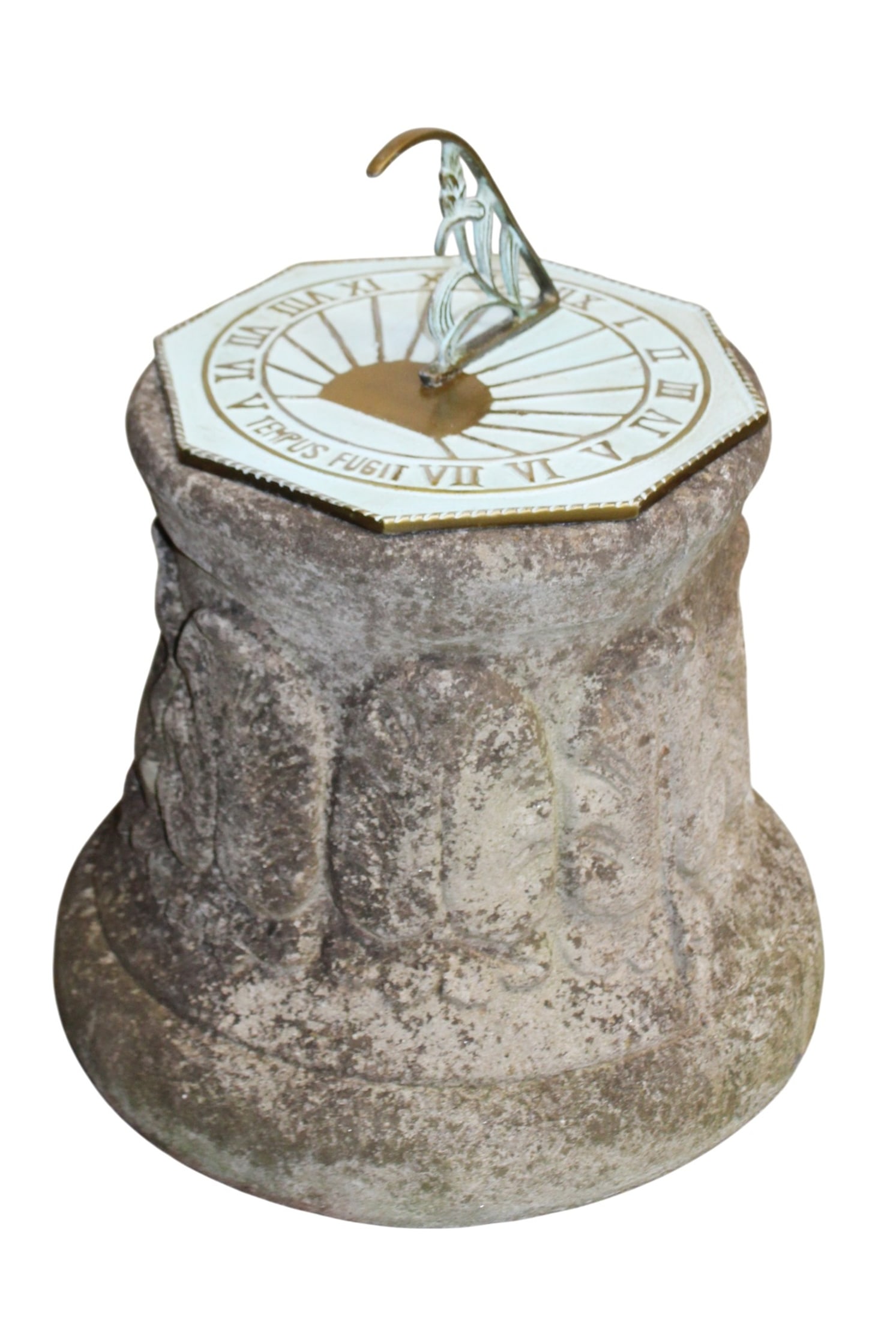 Bronze sundial mounted on garden stone pedestal base: Bronze sundial mounted on garden stone pedestal base. 17"h x 16" dia at the base
