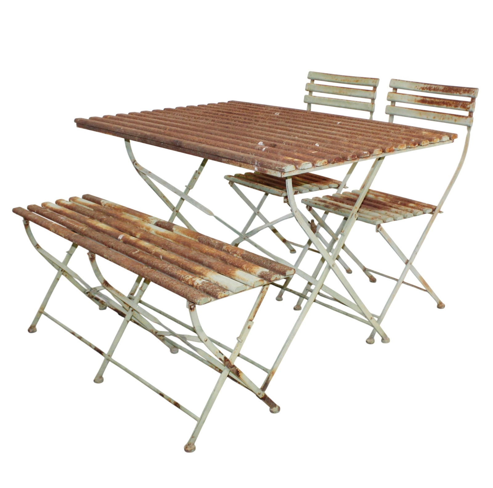 French folding garden set with table 2 chairs and bench: French folding garden set with table 2 chairs and bench. Mid 20th century. Table: 30"h x 47 1/4"w x 31"d Bench:18 3/8"h x 47 1/4"w x 13"d Chairs: 33 1/2"h x 16"w x 22"d Seat: 18"h