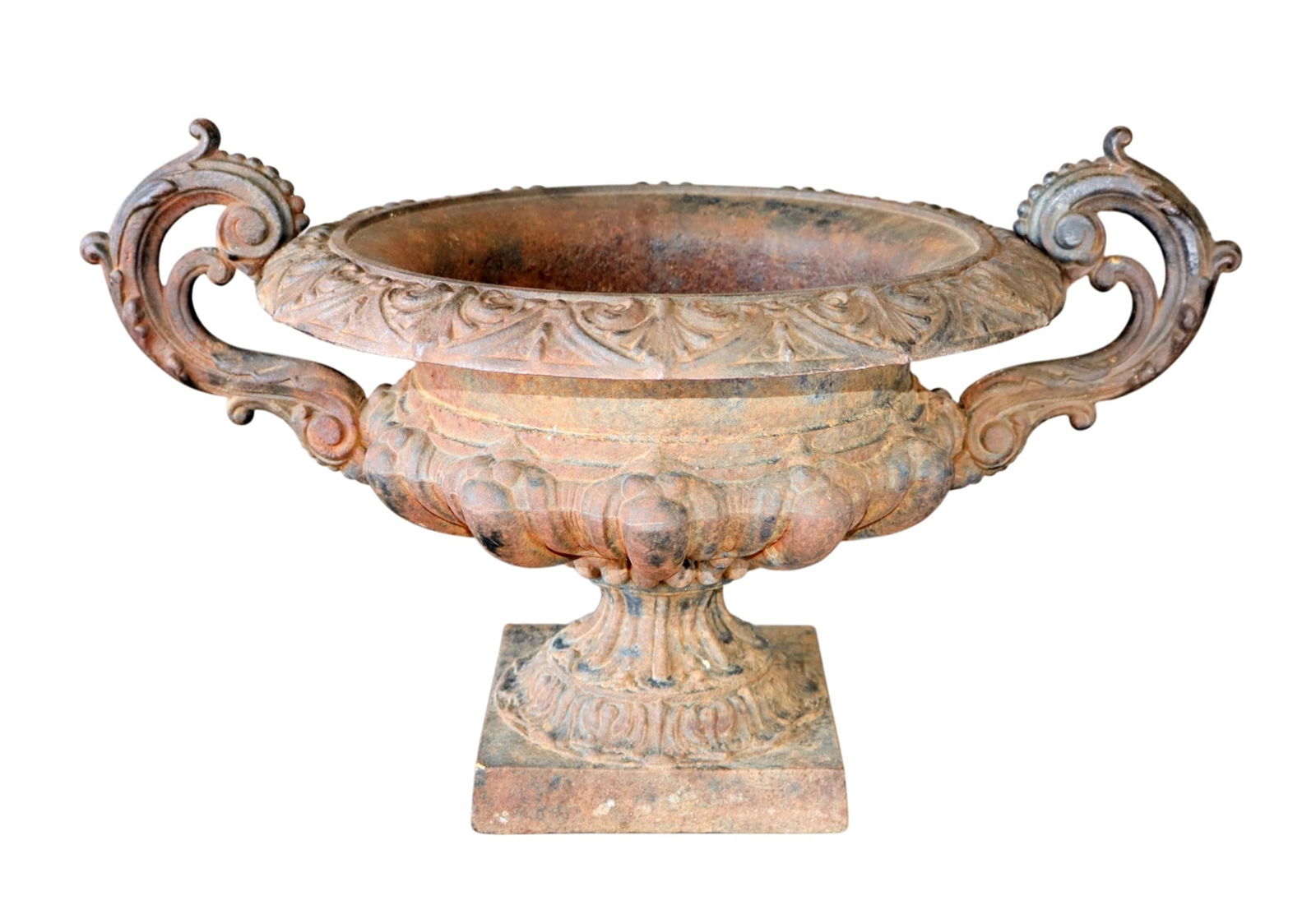 French neo-classical cast iron garden urn with handles: French neo-classical cast iron footed garden urn with handles 11 3/8"h x 19 1/2"w x 13 3/8"d. Weight: 21lbs